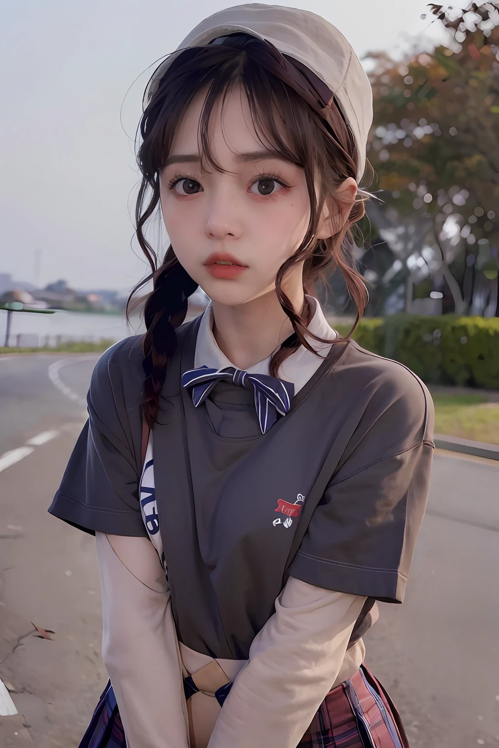 1girl, (short-sleeved JK_shirt),JK_style,(dark blue JK_skirt) ,(bow JK_tie), Brown eyes ,FACE,