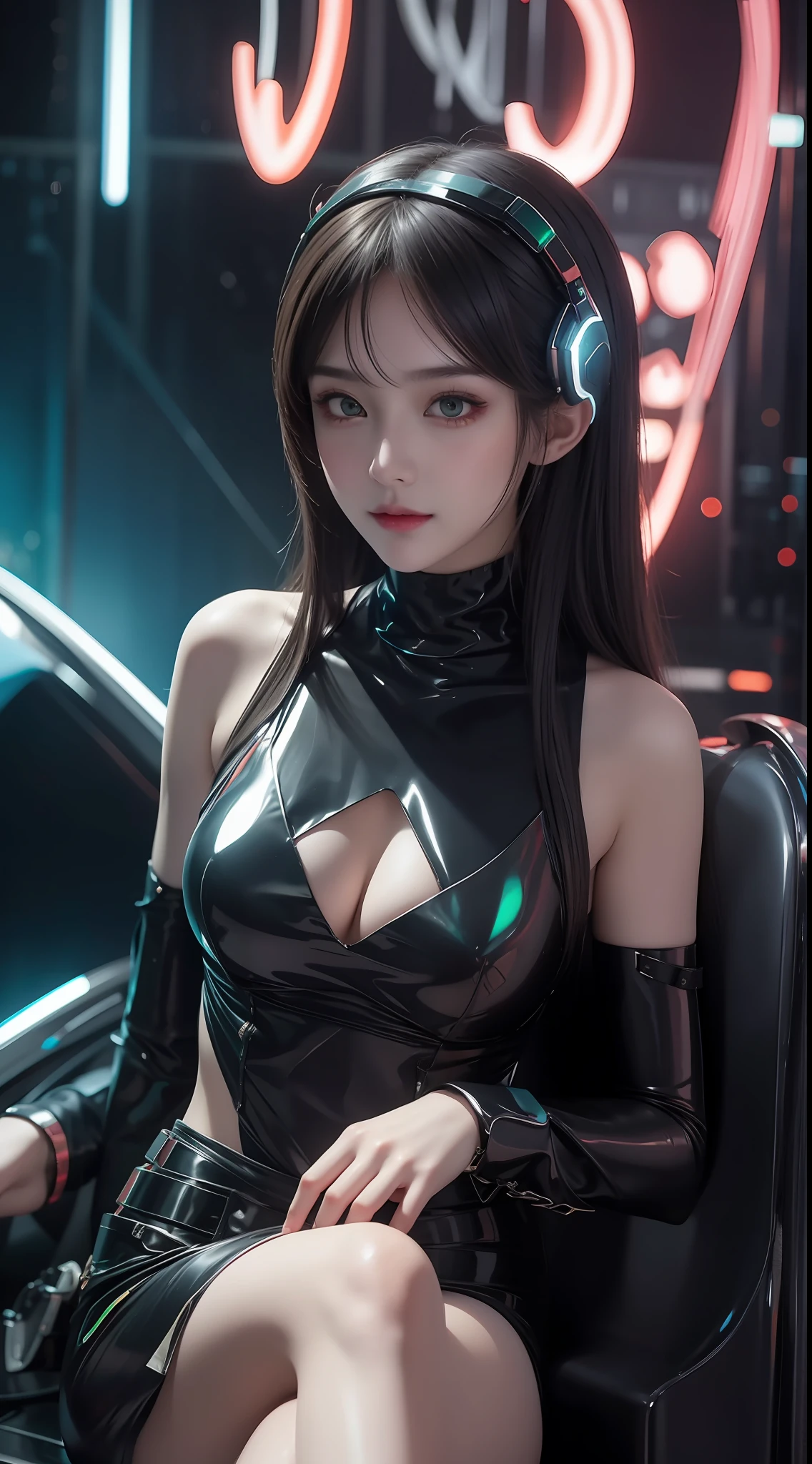 8K uhd, materpiece, a beautiful girl, detaild eye, good face, detaild eyebrow, beautiful outfit, black green outfit, cyberpunk, Cyberspace, cyberpunk shining outfit, neon effect, many color of lighting, sitting, whole body capture,