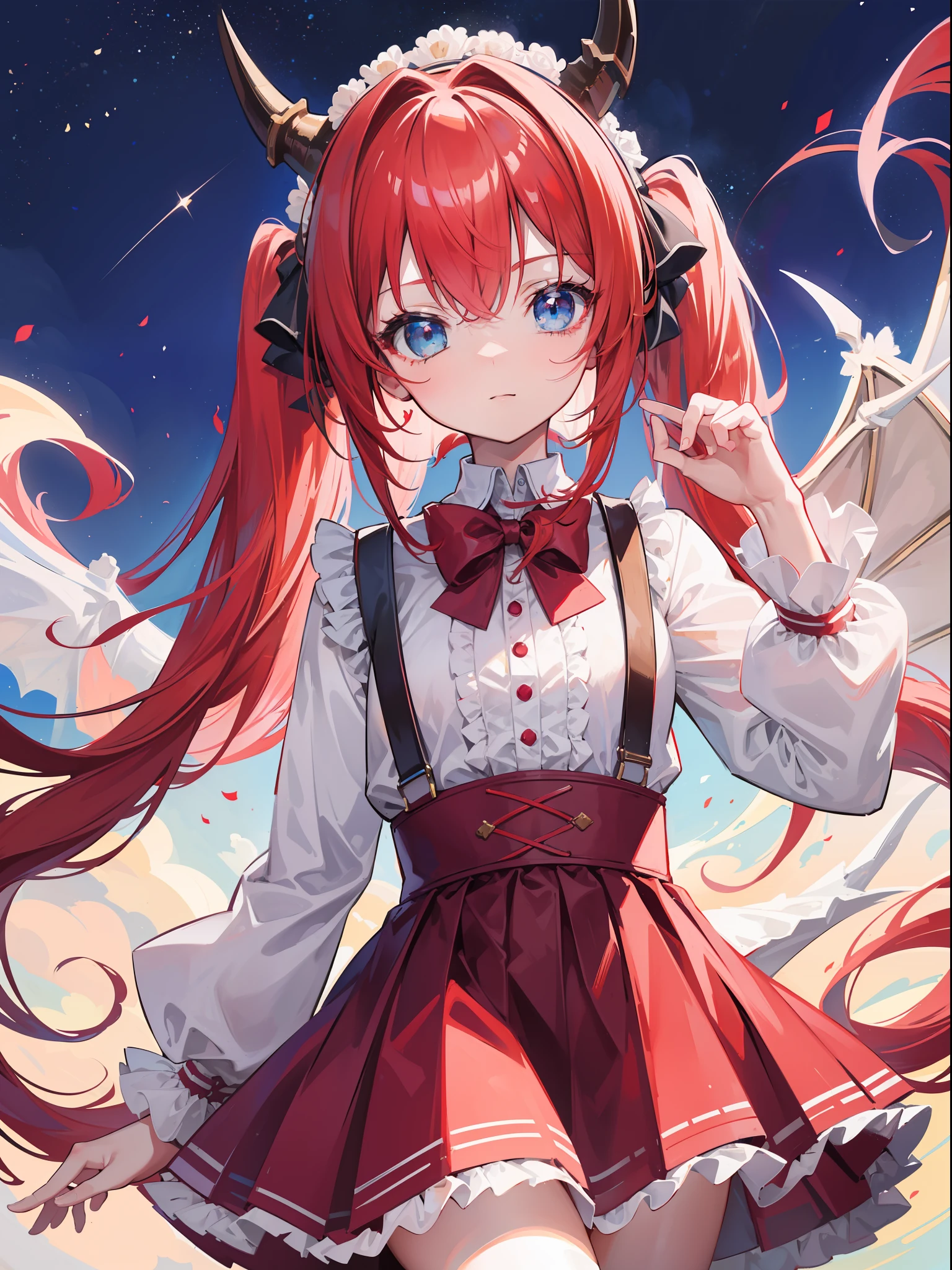{{best quality}}, {{masterpiece}}, {{ultra-detailed}}, {illustration}, {detailed light}, red hair,blue eyes,twintails,lolita,Suspenders skirt,Fantastic,loli,solo,Dragon horns,little girl,long hair