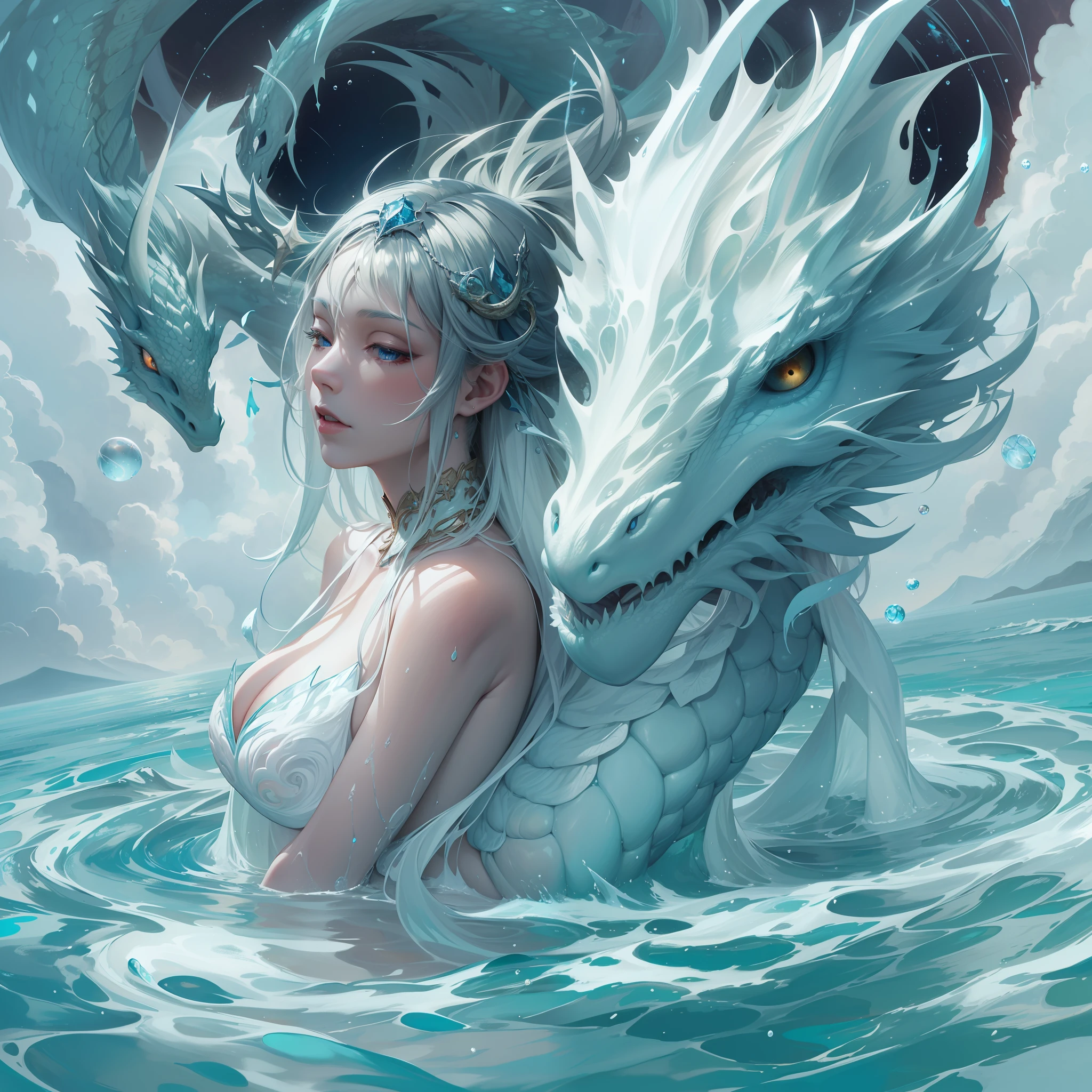 large lake on the mountain, inside a fetal-pose naked girl inside floating azure metallic water skin dragon head, beautiful white plumage, lots orb, eternal Fantasy, mystery, unexplored region, solemnity, splash art, 2.5D, digital art,