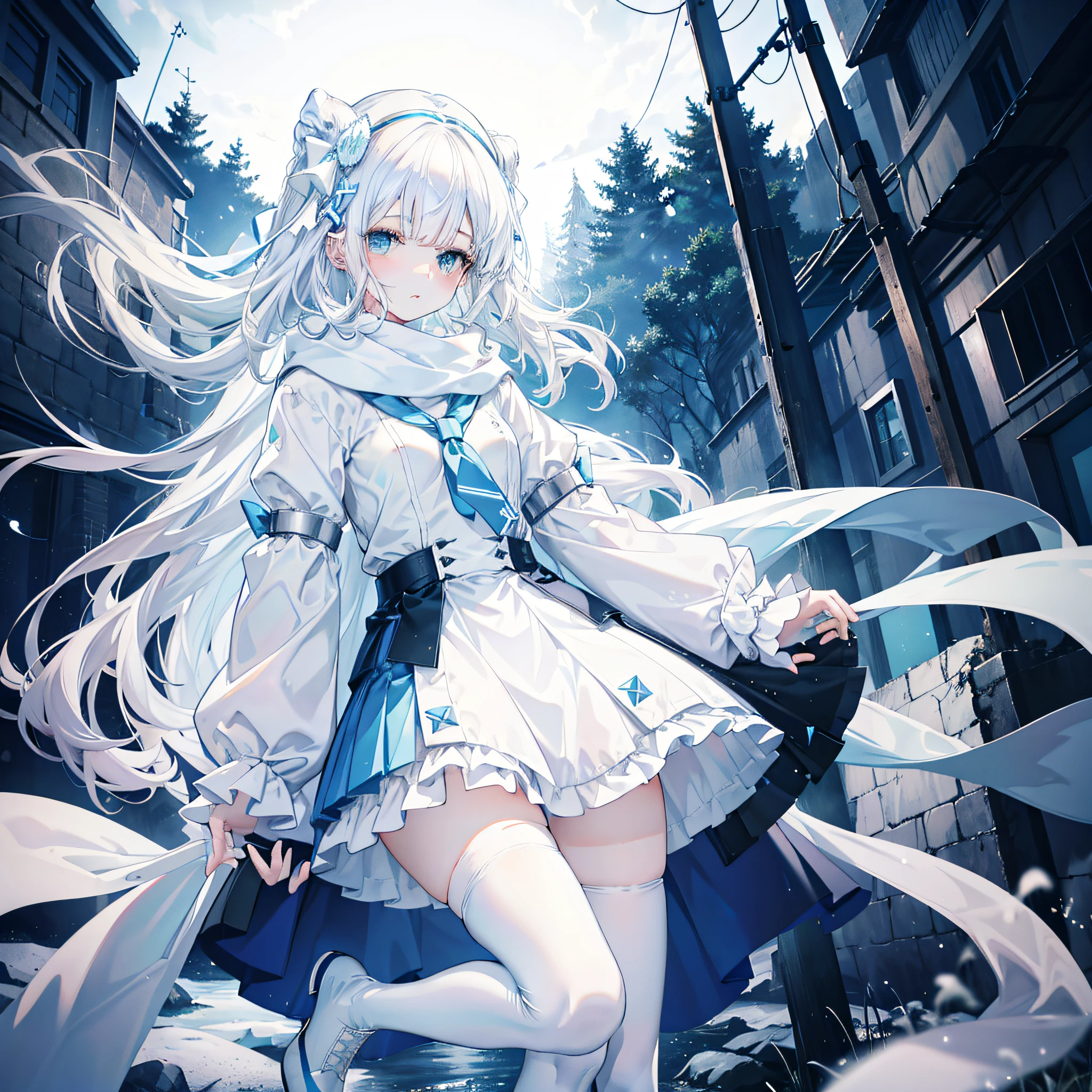 Light blue eyes，Princess cut，whaite hair，White thigh boots，White Gothololita，White over-the-knee stockings，white bows，Full body like，sweeping bangs，Semi-closed Eyes，Long white scarf，ln the forest，the night，at winter season，teens girl，expressiveless