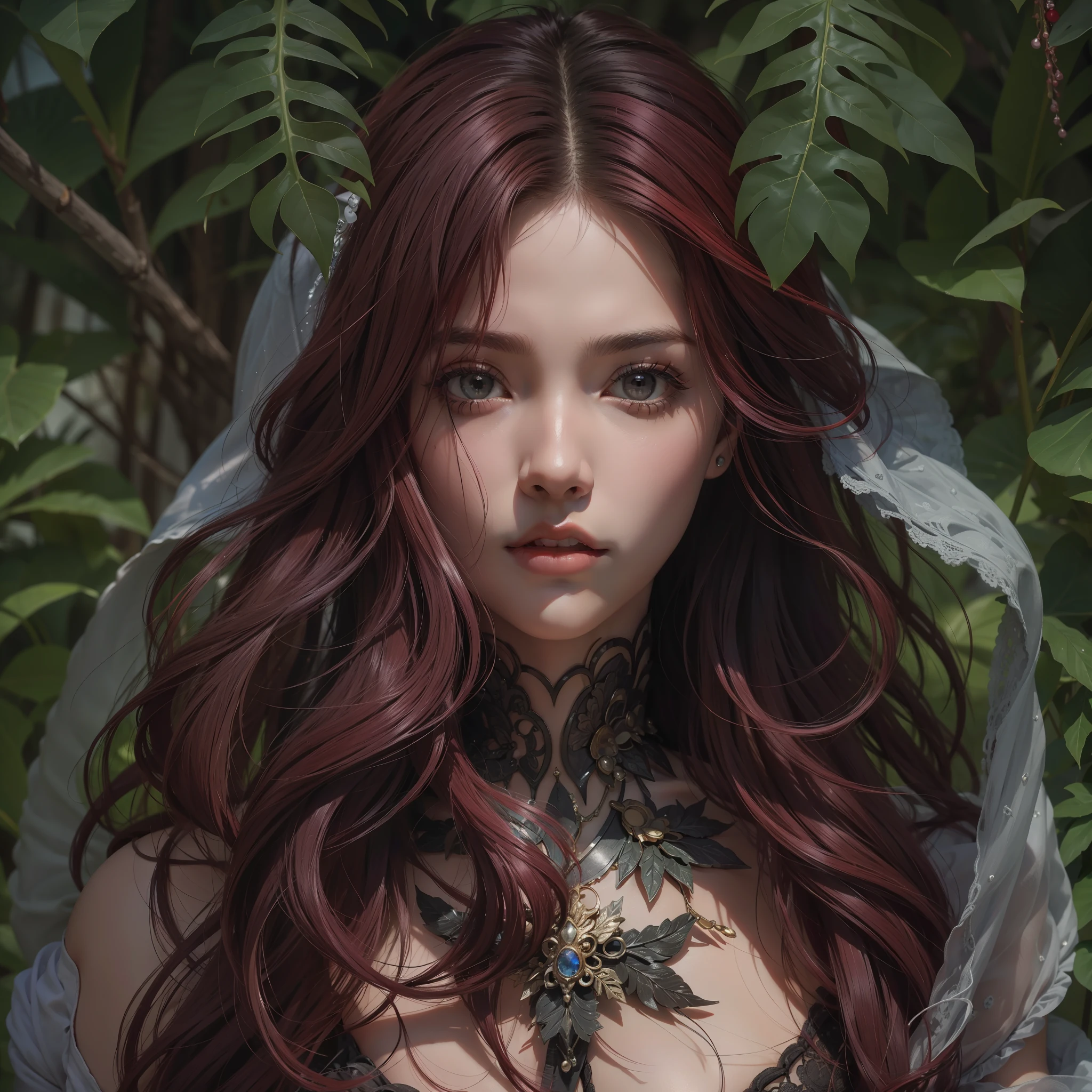 "(((obra-prima))), melhor qualidade, ultra-detallhado, High resolution CG image with a beautiful woman with black red hair with bright violet eyes, retratados em detalhes fascinantes. His delicate body is accurately represented at every angle. Ela possui longos cabelos ruivos que caem suavemente sobre seu vestido moderno. The upper part of his body is sculpted to perfection. "
