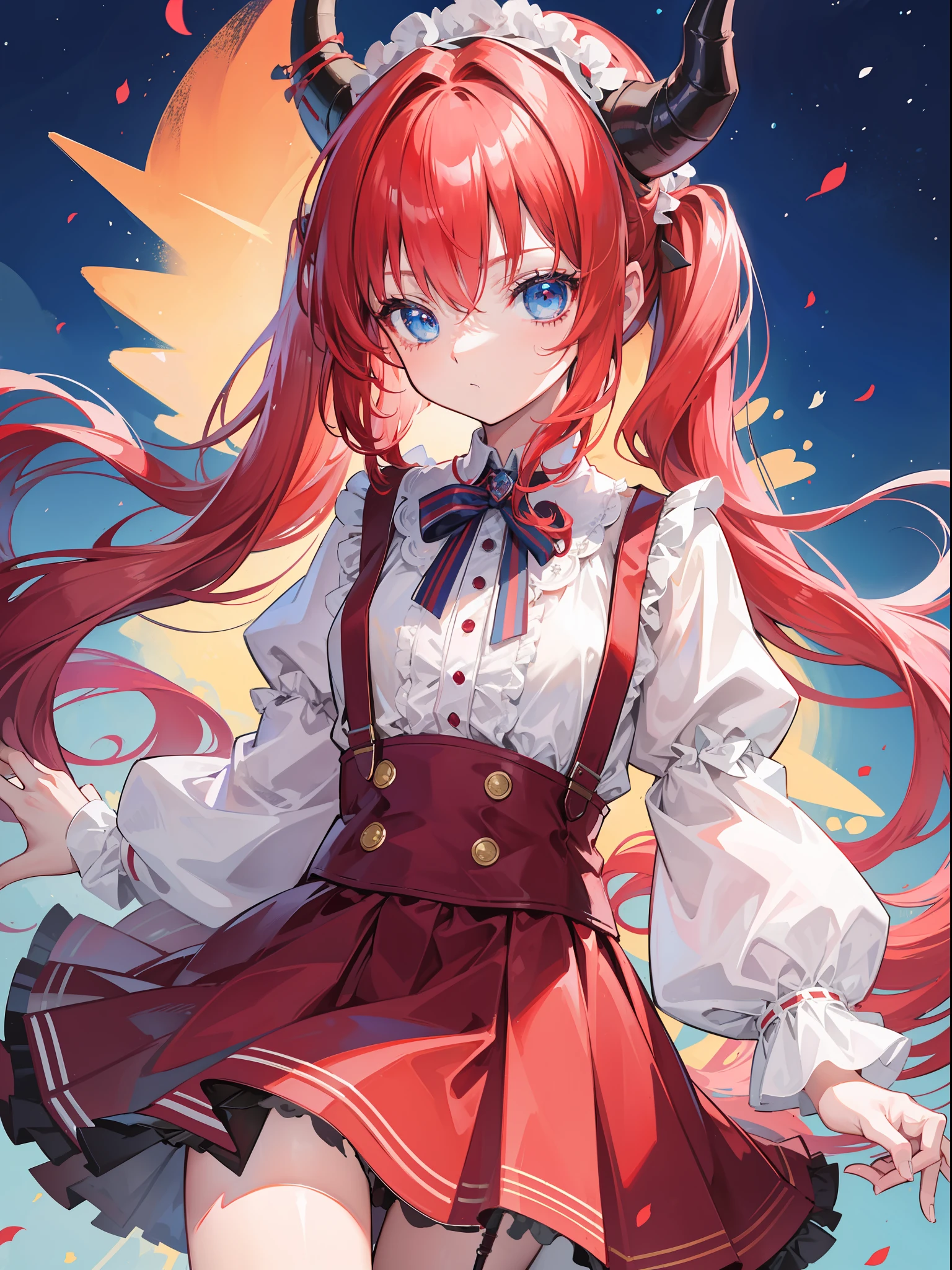 {{best quality}}, {{masterpiece}}, {{ultra-detailed}}, {illustration}, {detailed light}, red hair,blue eyes,twintails,lolita,Suspenders skirt,Fantastic,loli,solo,Dragon horns, girl,long hair