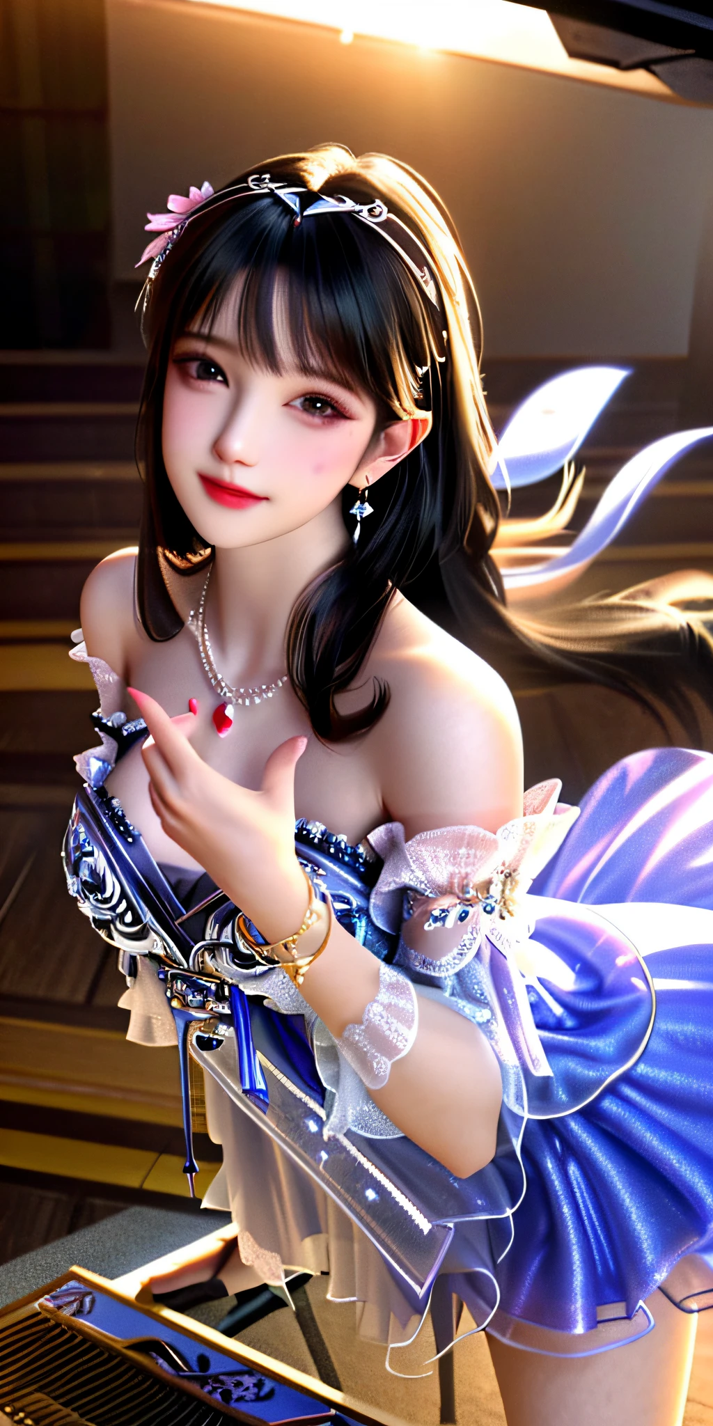 Best quality, masterpiece, high resolution, 1girl, clear silk porcelain dress, beautiful face, hair accessories, looking at the audience, smiling, close your mouth, lips, dress, hair accessories, necklaces, jewelry, long hair, earrings, beautiful face, on the body, Tindal effect, realism, dark studio, edge lighting, two-tone lighting, (high detail skin: 1.2), 8k UHD, DSLR, soft light, high quality, volumetric lighting, photo, high resolution 4K, 8k, blurred background