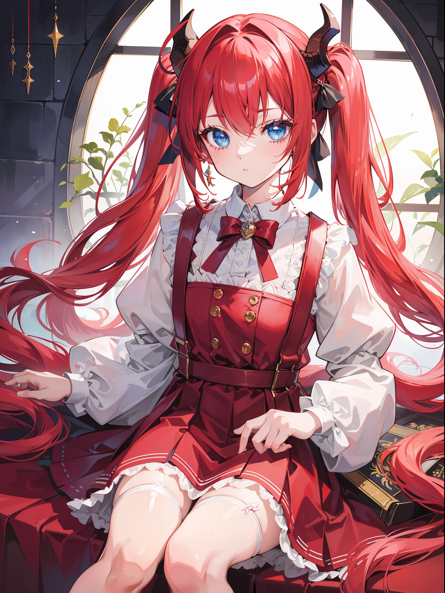 {{best quality}}, {{masterpiece}}, {{ultra-detailed}}, {illustration}, {detailed light}, red hair,blue eyes,twintails,lolita,Suspenders skirt,Fantastic,loli,solo,Dragon horns,little girl,long hair