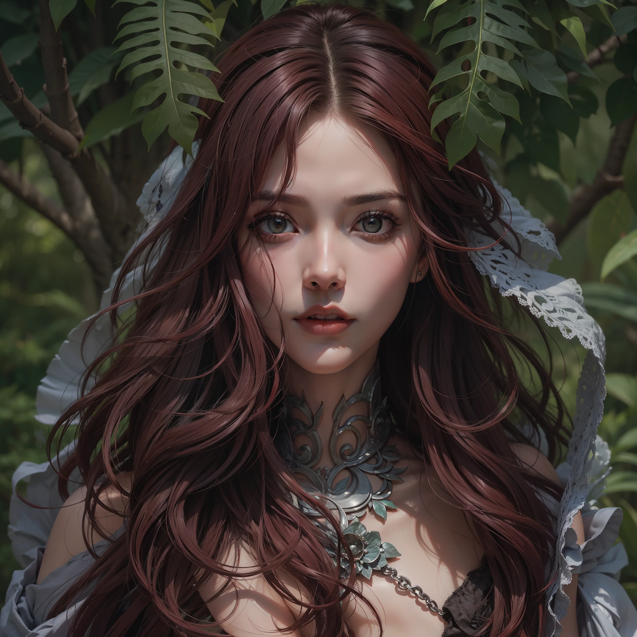 "(((obra-prima))), melhor qualidade, ultra-detallhado, High resolution CG image with a beautiful woman with black red hair with bright violet eyes, retratados em detalhes fascinantes. His delicate body is accurately represented at every angle. Ela possui longos cabelos ruivos que caem suavemente sobre seu vestido moderno. The upper part of his body is sculpted to perfection. "