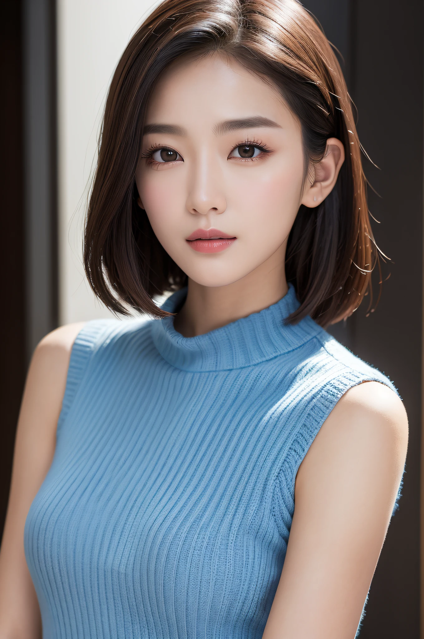 ((best qualtiy、8k masterpieces:1.3))、foco nítido:1.2、(ultra beautiful faces:1.0)、(shinny skin:1.0)、photos realistic、A dark-haired、Video Lighting、High-definition eyes and face、Video Lighting、(Korean Cute Actress)、from the front side、medium large breasts、ssmile、Sleeveless、Slender Abs Beauty、Wearing a tar-neck knitted shirt