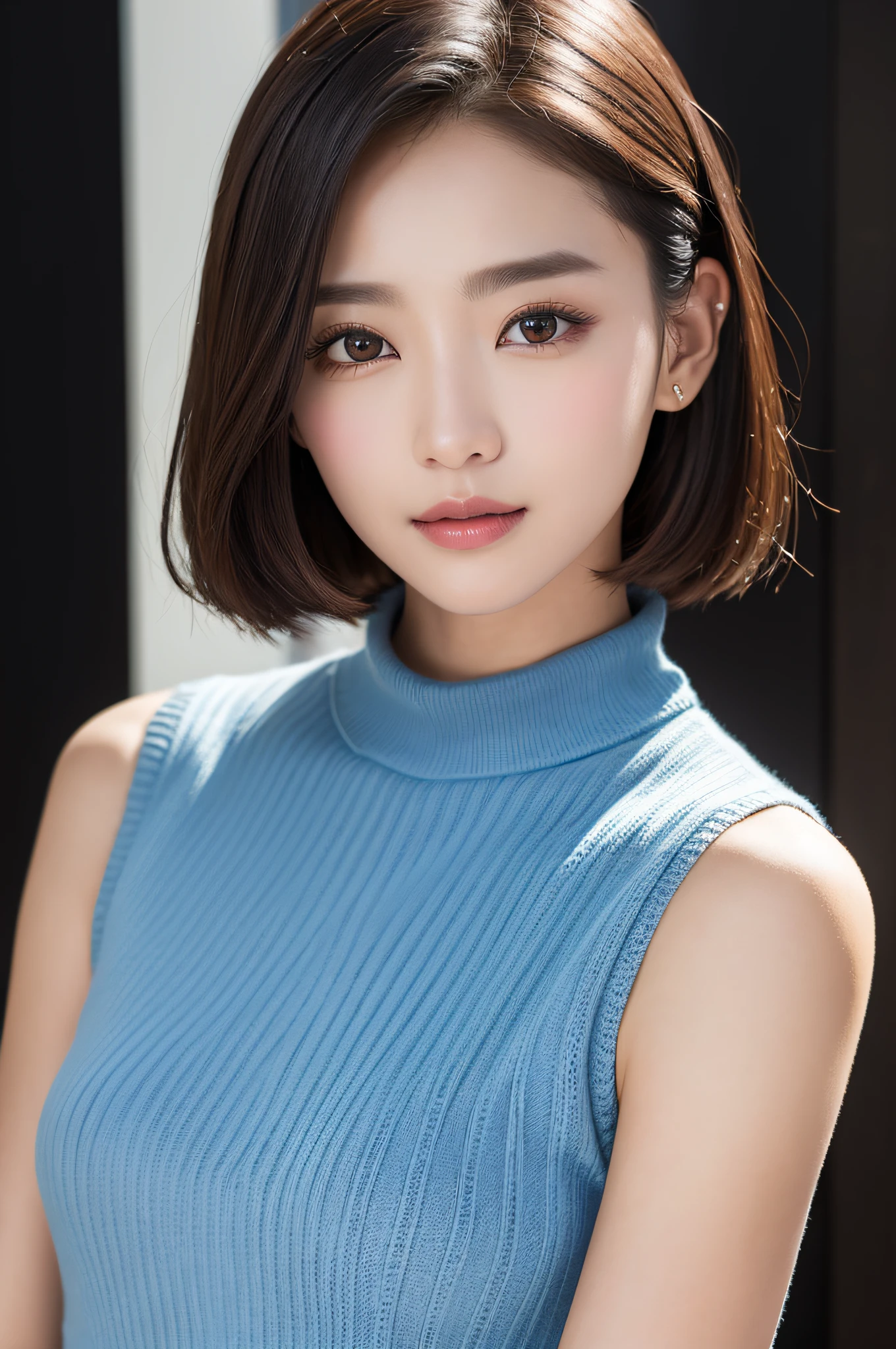 ((best qualtiy、8k masterpieces:1.3))、foco nítido:1.2、(ultra beautiful faces:1.0)、(shinny skin:1.0)、photos realistic、A dark-haired、Video Lighting、High-definition eyes and face、Video Lighting、(Korean Cute Actress)、from the front side、medium large breasts、ssmile、Sleeveless、Slender Abs Beauty、Wearing a tar-neck knitted shirt