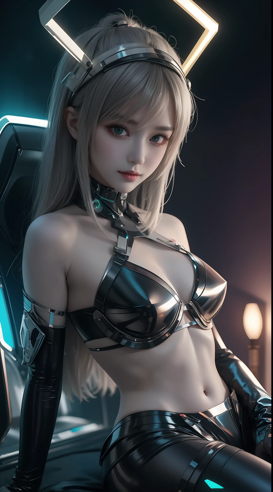 8K uhd, materpiece, a beautiful girl, detaild eye, good face, detaild eyebrow, beautiful outfit, green lighting outfit, cyberpunk, Cyberspace, cyberpunk shining outfit, neon effect, many color of lighting, sitting, whole body capture,