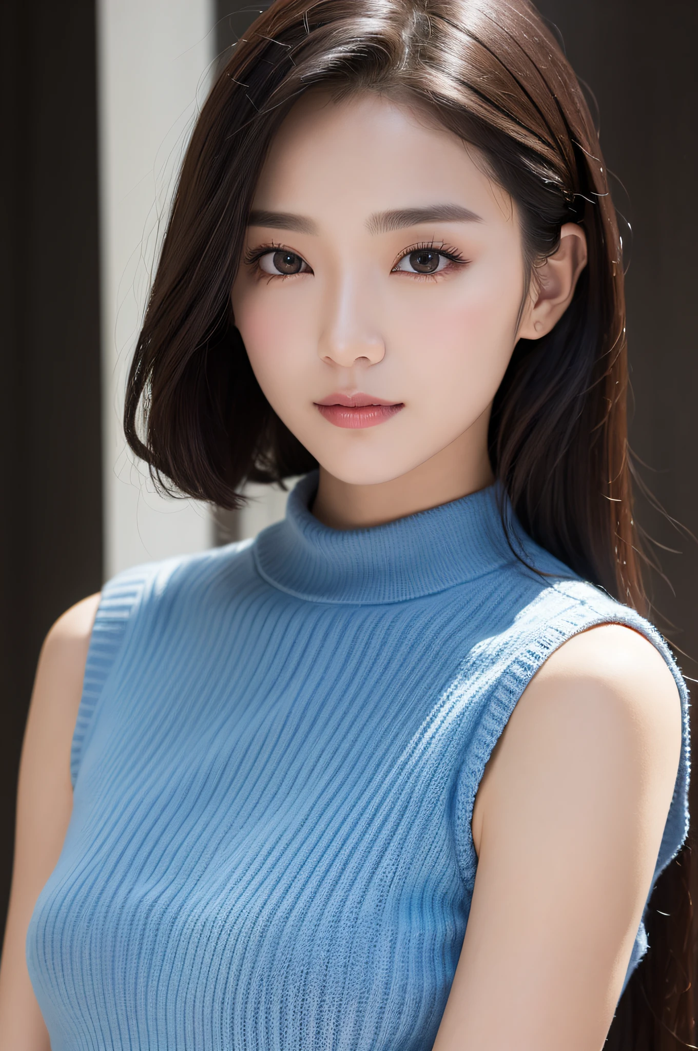 ((best qualtiy、8k masterpieces:1.3))、foco nítido:1.2、(ultra beautiful faces:1.0)、(shinny skin:1.0)、photos realistic、A dark-haired、Video Lighting、High-definition eyes and face、Video Lighting、(Korean Cute Actress)、from the front side、medium large breasts、ssmile、Sleeveless、Slender Abs Beauty、Wearing a tar-neck knitted shirt