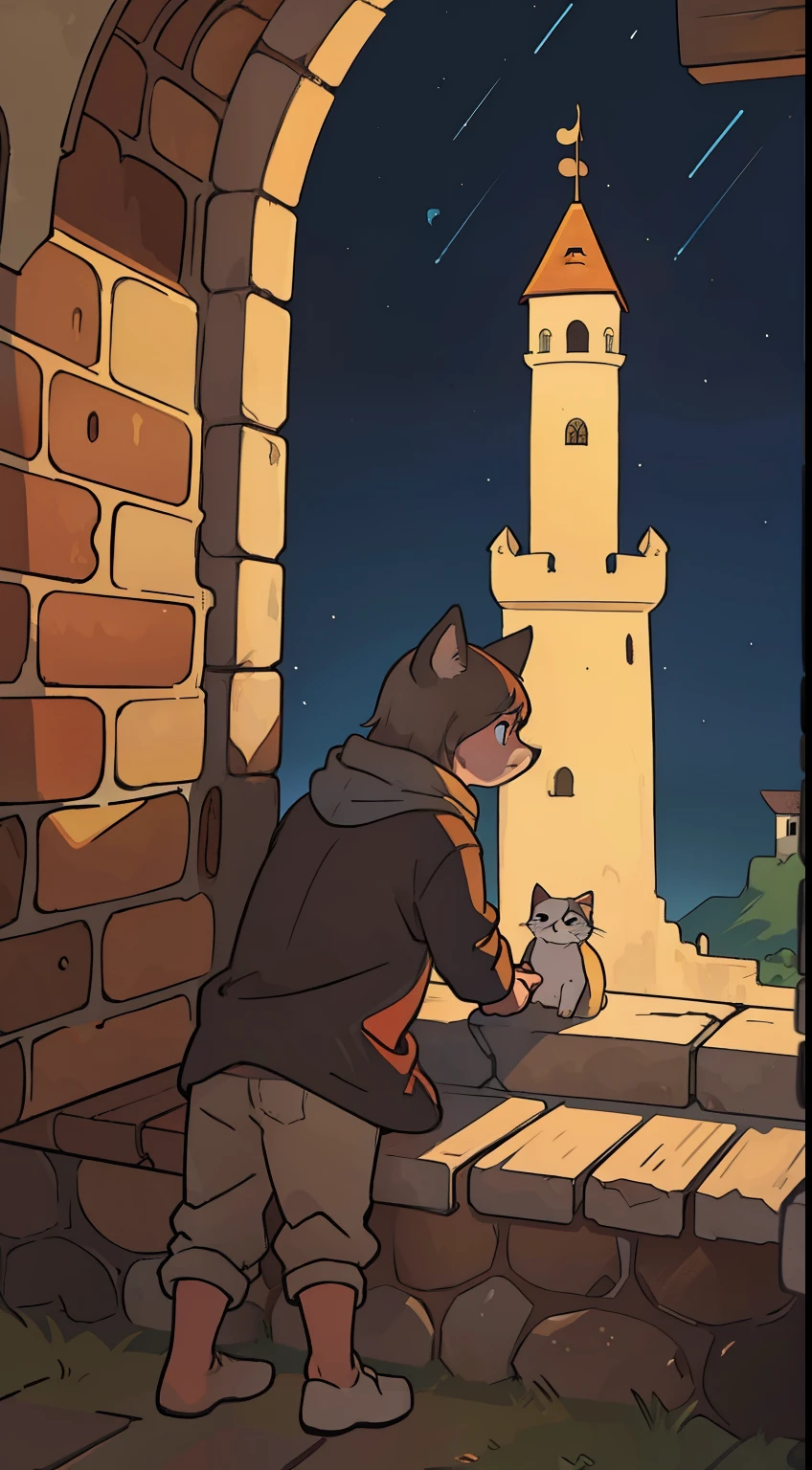 um gato olhando pra um castelo em uma montanha