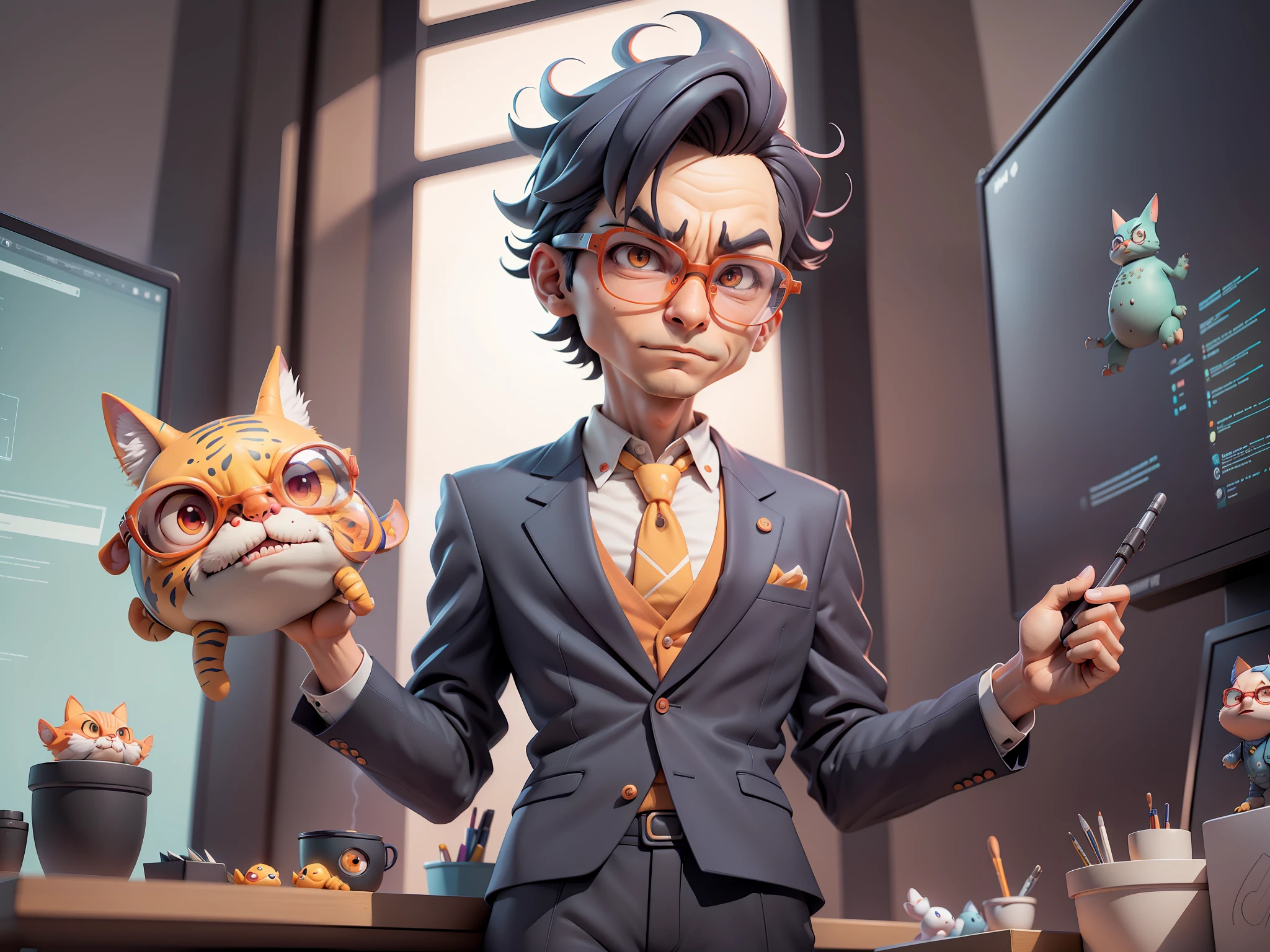 A young man in a suit, Short hair and glasses sat at his desk,holding laptop,digitial painting,tigre,3D character design by Mark Clairen and Pixar and Hayao Miyazaki and Akira Toriyama,4K HD illustration,Very detailed facial features and cartoon-style visuals。