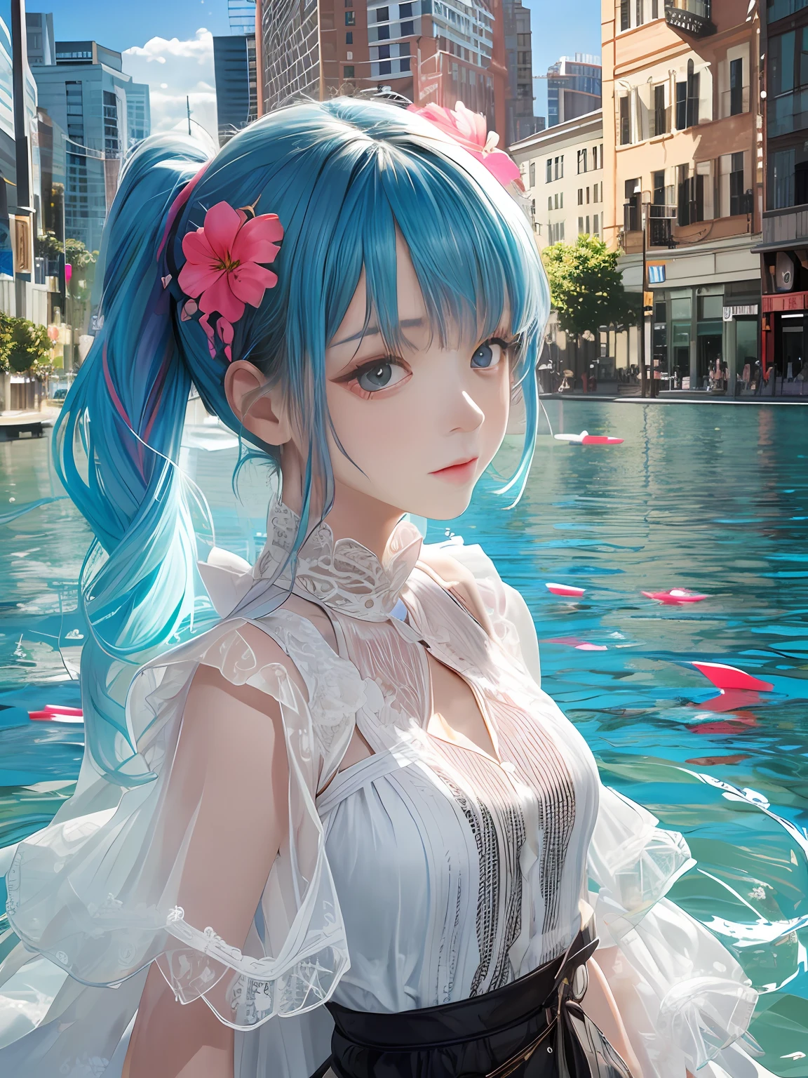 （tmasterpiece）， （best qualtiy）， （ultra - detailed）， （messy  hair），（illustratio）， （1girll）， （fashionable attire）， standing on your feet， A fashion model， looking at viewert， （interview）， （simple backgound），sad， 美丽细致的眼睛， Delicate and beautiful face， afloat，（high saturated），（colorful splashs）， colorful bubble，（shiny）， focus at face， pony tails， Kamiasto ayaka， lightblue hair， By bangs， hair loops， floating flowers， Floating hair， （shiny）， best illuminate， best shadow，teardrop
