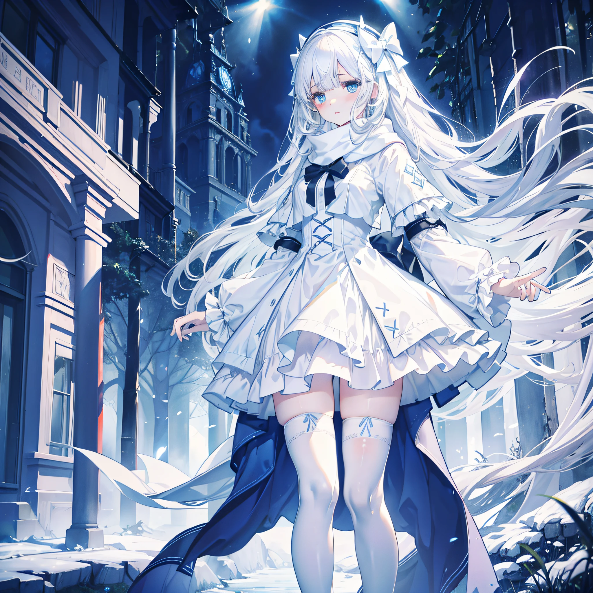 Light blue eyes，Princess cut，whaite hair，White thigh boots，White Gothololita，White over-the-knee stockings，white bows，Full body like，sweeping bangs，Semi-closed Eyes，Long white scarf，ln the forest，the night，at winter season，teens girl