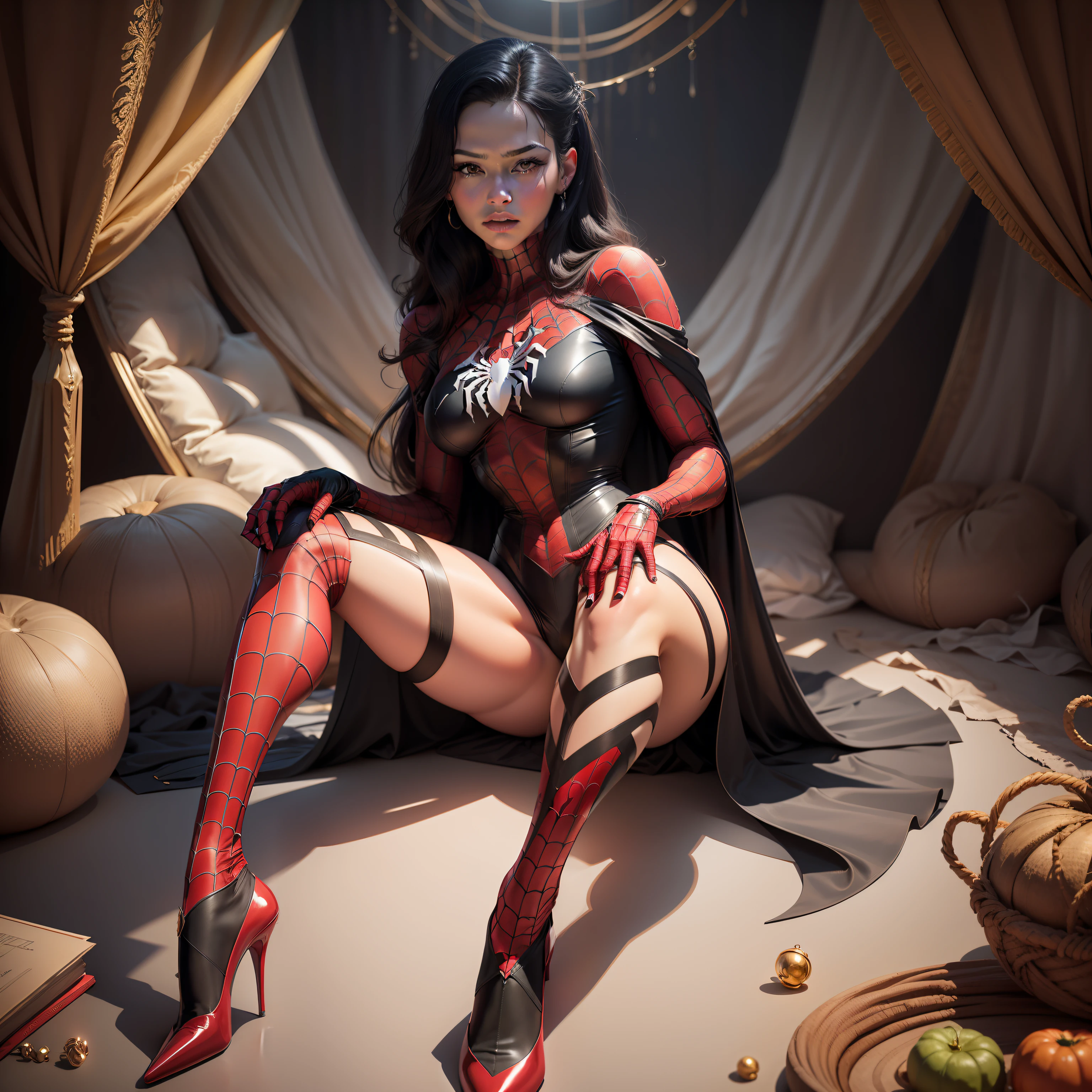 Wearing a Spider-Man suit，arachne，There must be only one person in the whole picture，All high heels must be displayed in their entirety，The entire leg must be displayed in its entirety, And must wear extra-long gloves，Stockings are mandatory，High heels must be worn，It is forbidden to appear men，Must be a full-body image，anatomy correct，（realisticlying，tmasterpiece，The best quality，hyper HD，The is very detailed，cinmatic lighting），（delicated face，best qualtiy，very detailed eyes and faces，Amazing beauty），