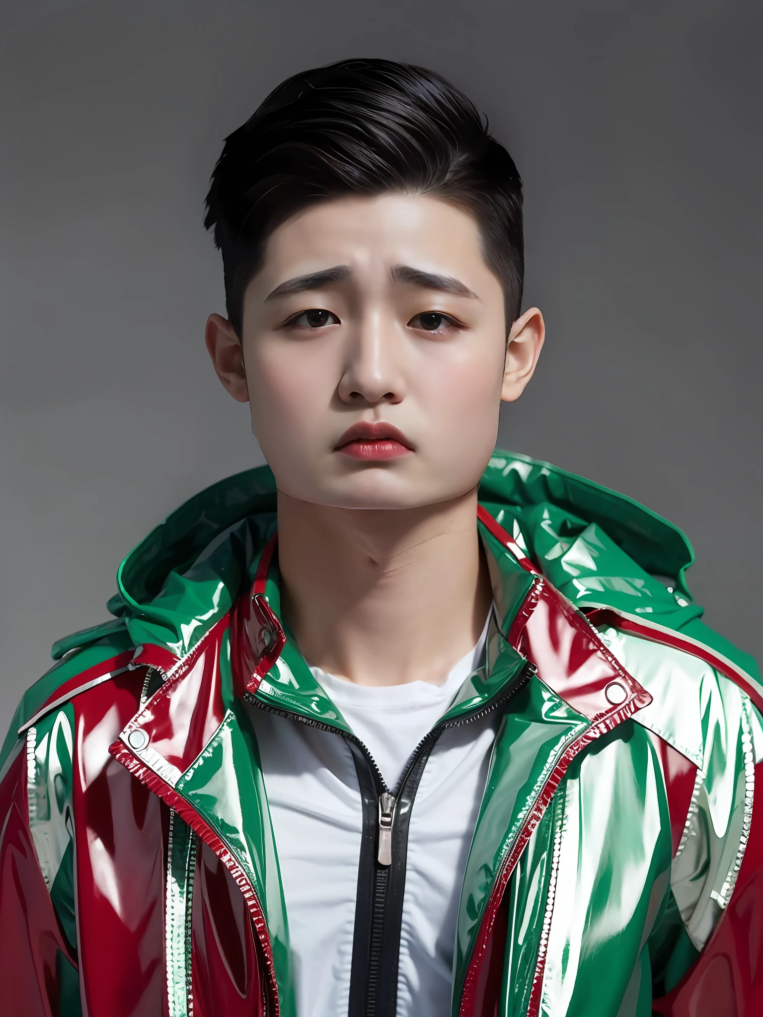A Chinese male high school student,Wear green PVC casual clothes