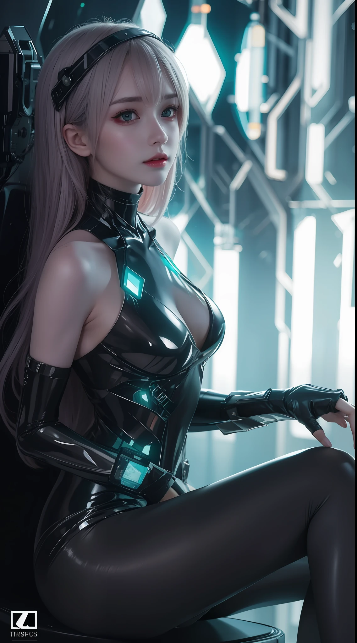 8K uhd, materpiece, a beautiful girl, detaild eye, good face, detaild eyebrow, beautiful outfit, green lighting outfit, cyberpunk, Cyberspace, cyberpunk shining outfit, neon effect, many color of lighting, sitting, whole body capture,