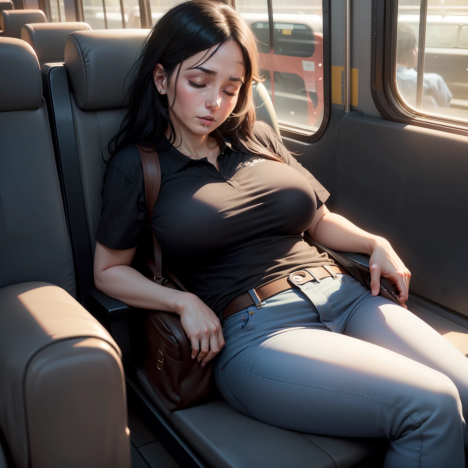 1 beautiful woman, 50-year-old lady, sleeping with her mouth open, eyes closed, black hair, sleeping sitting on the bus, jeans, black polo shirt, big breasts, outlined eyes, drooling, snoring, passed out, black bag, head on the bus window, sitting by the window