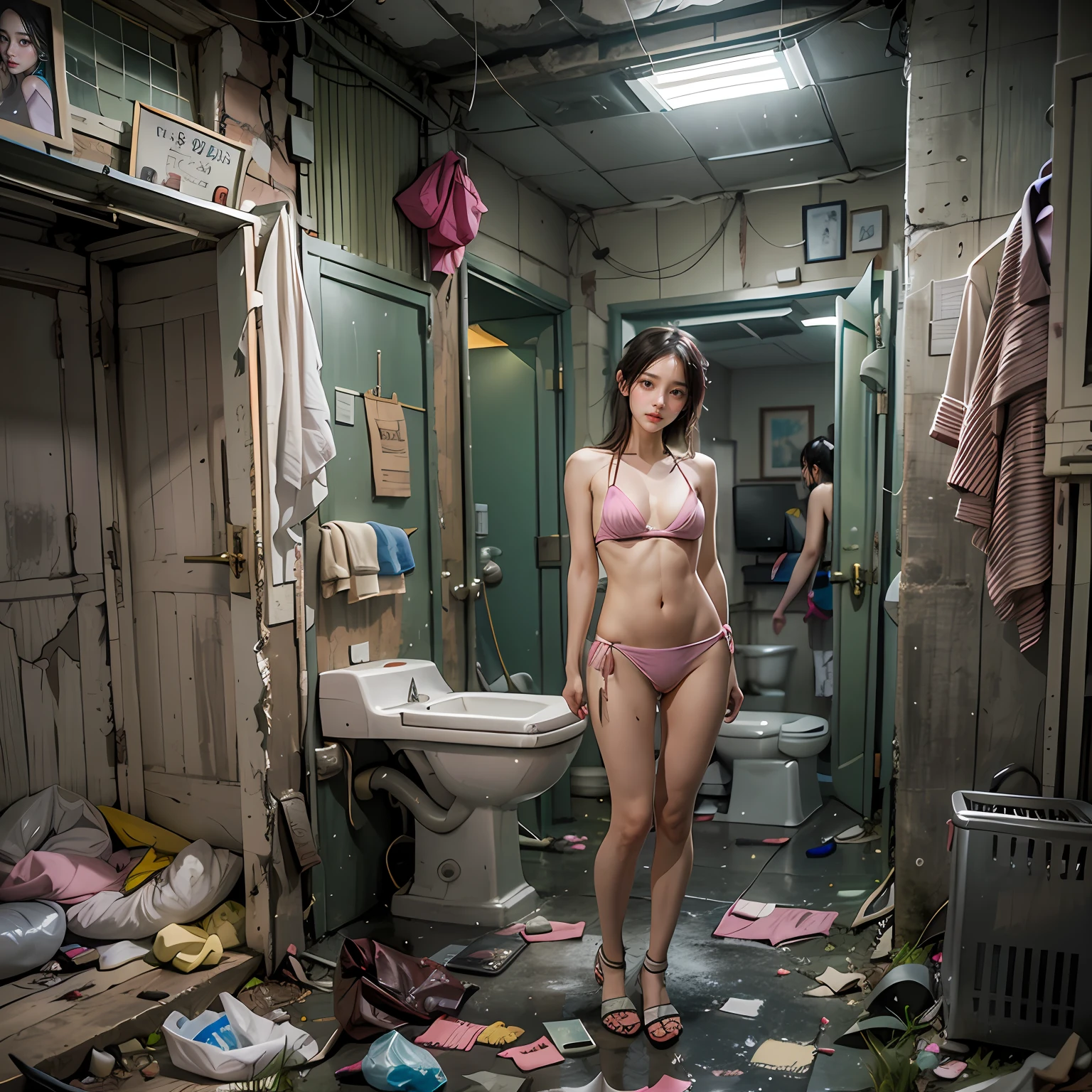 Standing in an abandoned men's toilet,legs are open,Garbage all over the ground,grimy, urinating, junk, tmasterpiece, Best quality at best, highly detailed,Small pink bikini,cropped shoulders,revealing the lower abdomen,revealing breasts,Leaking the genitals,showing butt,scruffy,Abandoned,Bare body,of a shirtless,Masterpiece,best qualtiy,A Korean beauty,Extreme image quality