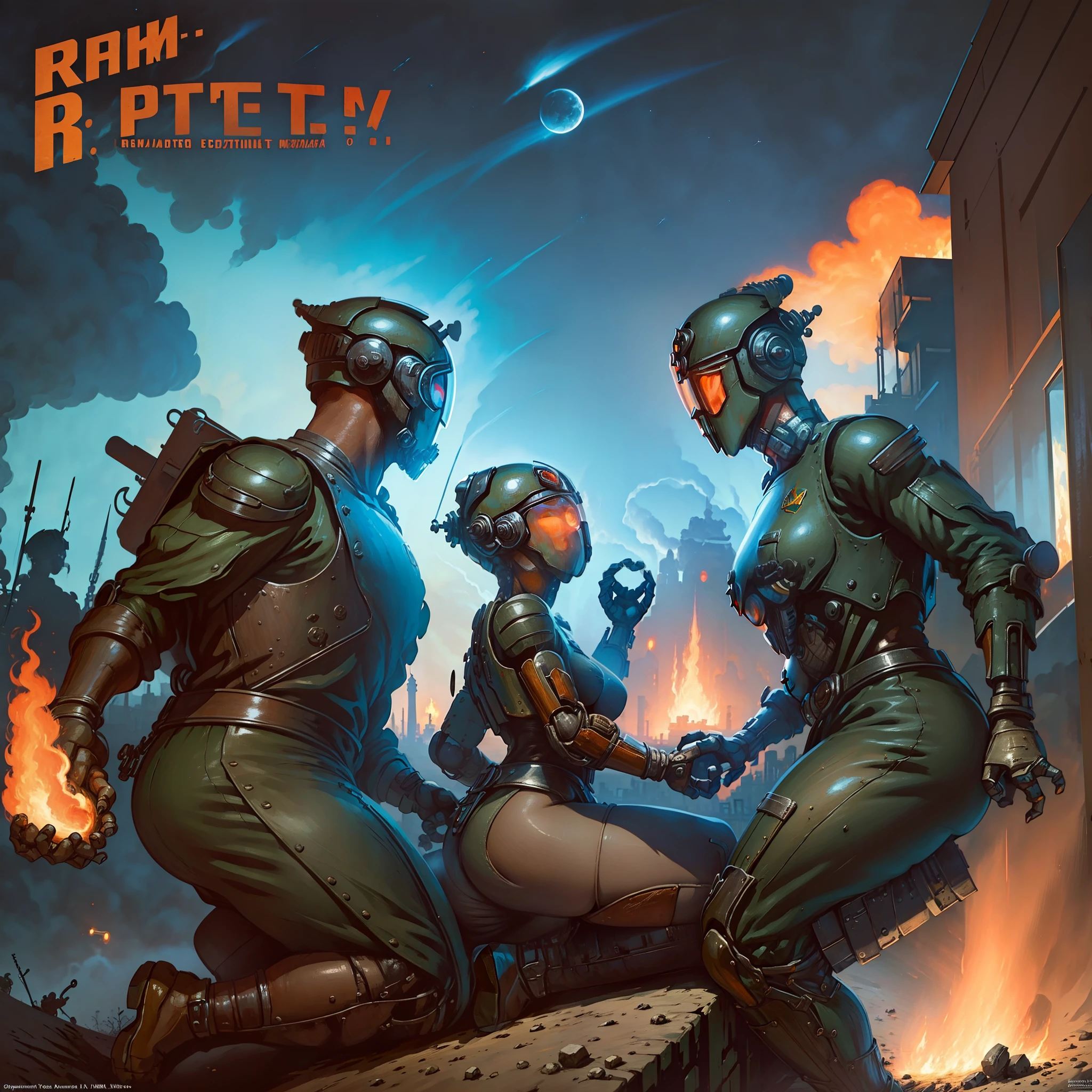 (masterpiece, top quality, best quality, official art, beautiful and aesthetic:1.2),
there is a beautiful woman jumping over a fire with a beautiful woman, girl robot watching, rioting, chaotic riots in 2055, violent protest,
riot, after a riot, mosh pit, witch burning, lots of fire, pandemonium, beautiful woman made of gold,
dystopian celebration, profile image, profile picture, bonfire in city street, beautiful oil matte painting, american scene painting,