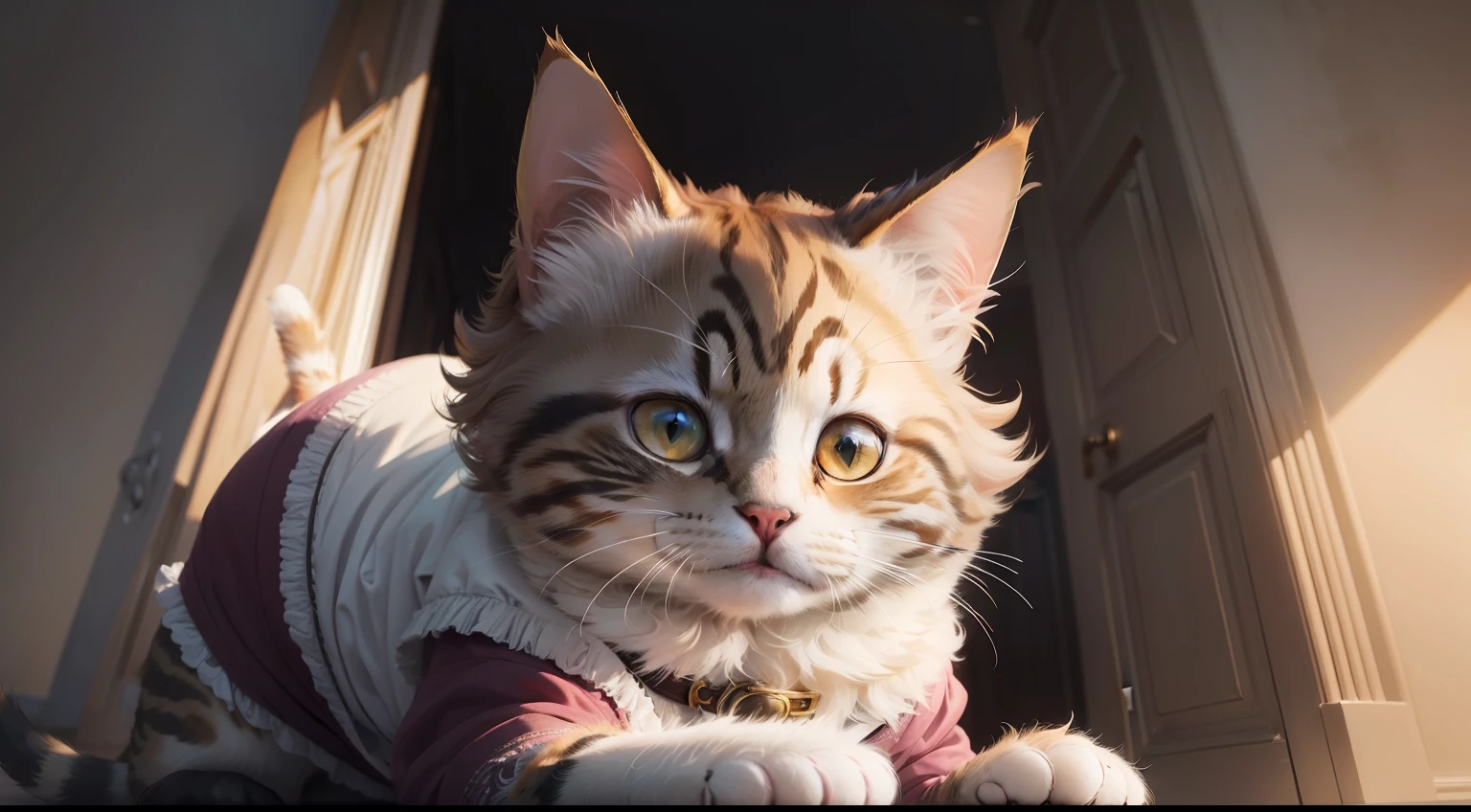 ((A cat in clothes)),Full shot,Fluffy hair,Rich colors, Exquisite details , Real light and shadow, Beautiful rich colors