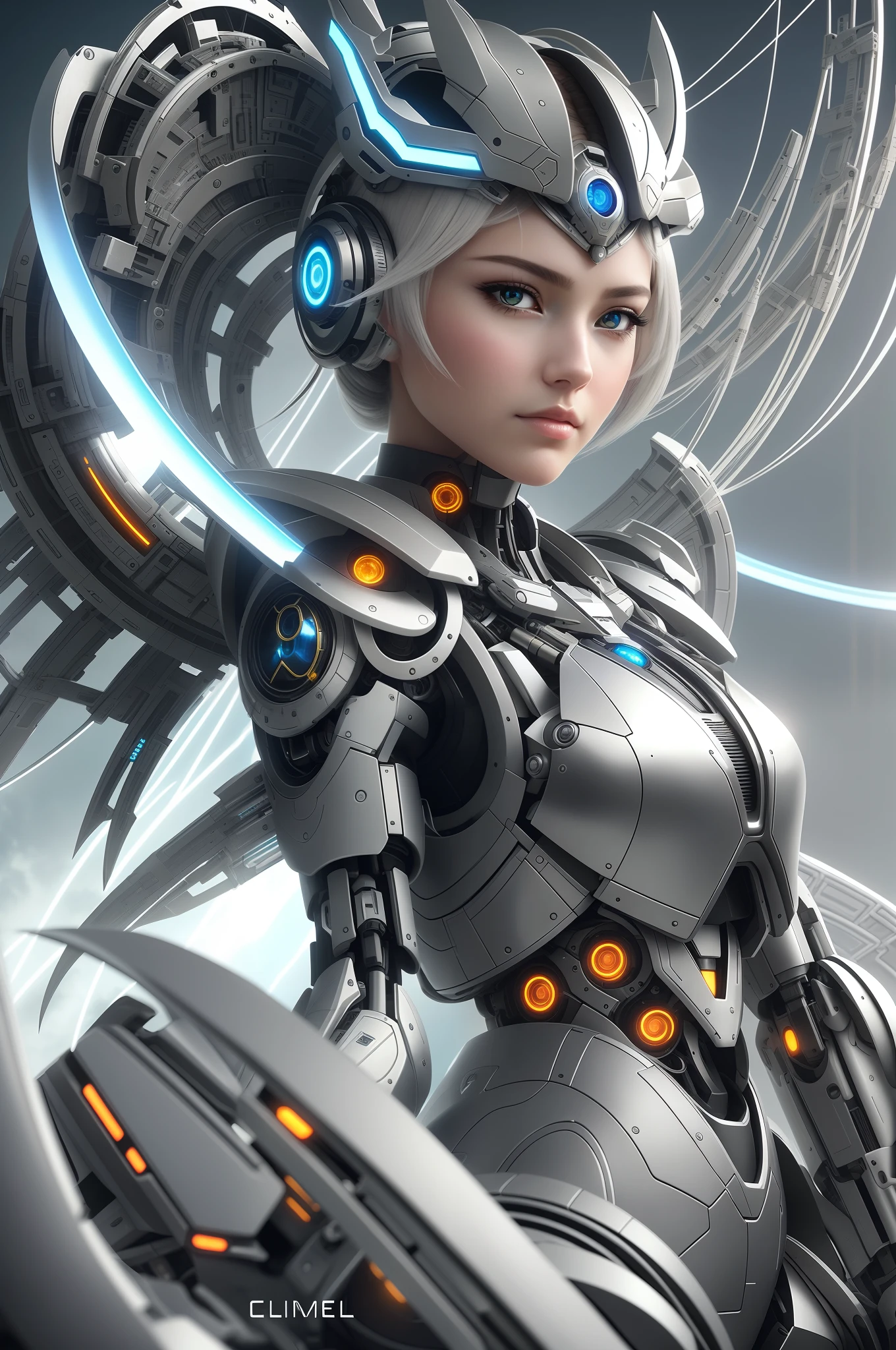 Close-up of a mechanized Valkyrie girl，Futuristic mechanical girl with head and body，taken from behind，Detailed 4K digital artwork，beautiful cyborg angel girl，Very detailed cyborg white girl，Perfect detailed face, Delicately symmetrical black eyes with round iris，The perfect fusion of mechanical aesthetics and human beauty，Mysterious and solemn priestess，Portrait of the majestic cyborg queen，Stunning anime cyborg female image，Futuristic style robot angel，Stunning digital artwork。