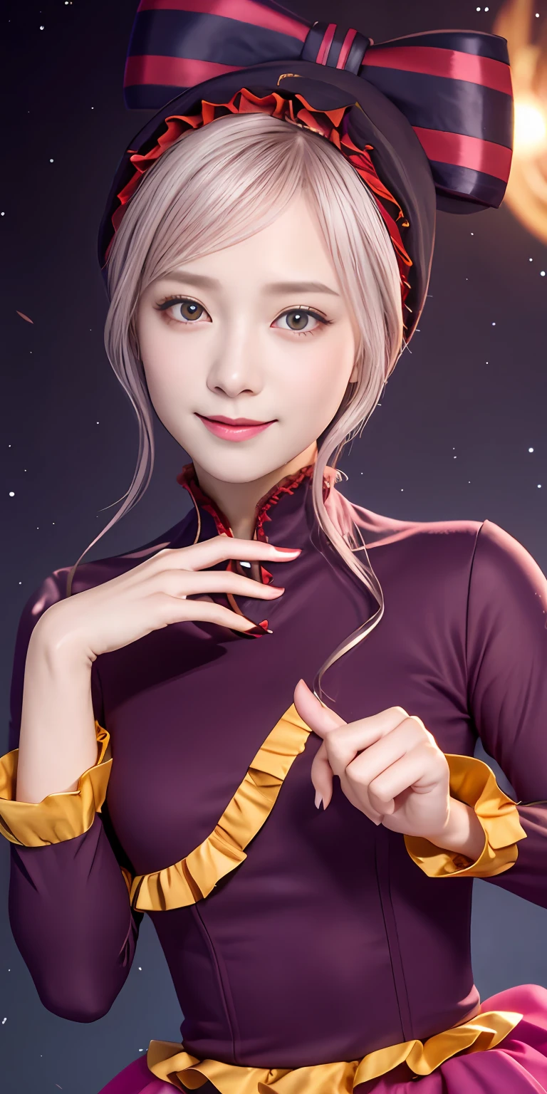, top-quality, ShalltearV4, 1girl in, 独奏, doress, frilld, the bow, Hair Bow, tusk, Bewitching smile, pale-skinned, Shines, radiant eyes, portraitures,Complete body,