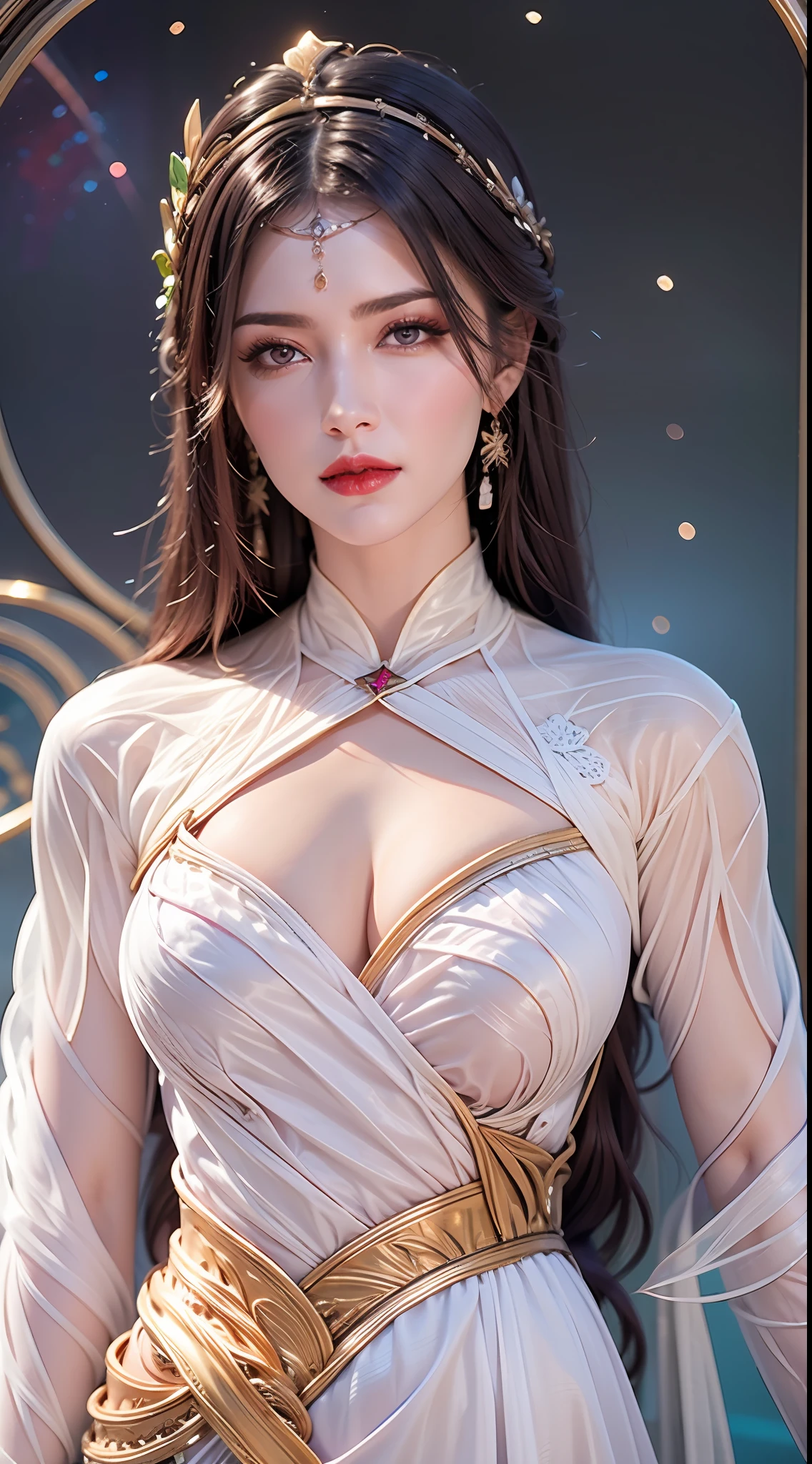 Portrait of a young 20-year-old saint, a saint with a beautiful and super cute face,wearing a very thin and sexy ao dai, beautiful cute face, Ao dai with a deep slit in the chest and attractive black and white lace trim, beautiful face without blemishes, Lovely smile, ((7-color hair length:1.2)), big crown, hair brooch, hanfu dress, chinese ancient style, full body jewelry, forehead tattoo, The female saint's breasts are round and very full, breast augmentation, innocent face, The most beautiful and detailed light red lipstick, ((Thin plump lips:0.3)), delicate pink and white eyes (white and detailed) cinematic, light and dark, dramatic lighting, magical light, extremely detailed light, true color, super sharp, realistic, 8k quality, saints and magical space, the most detailed images, Solo, a saintess, ((looking directly at the saint's upper body:0.4)), ((smooth skin:0.5)), ((universe background:1.2)), (outdoor:0.8),