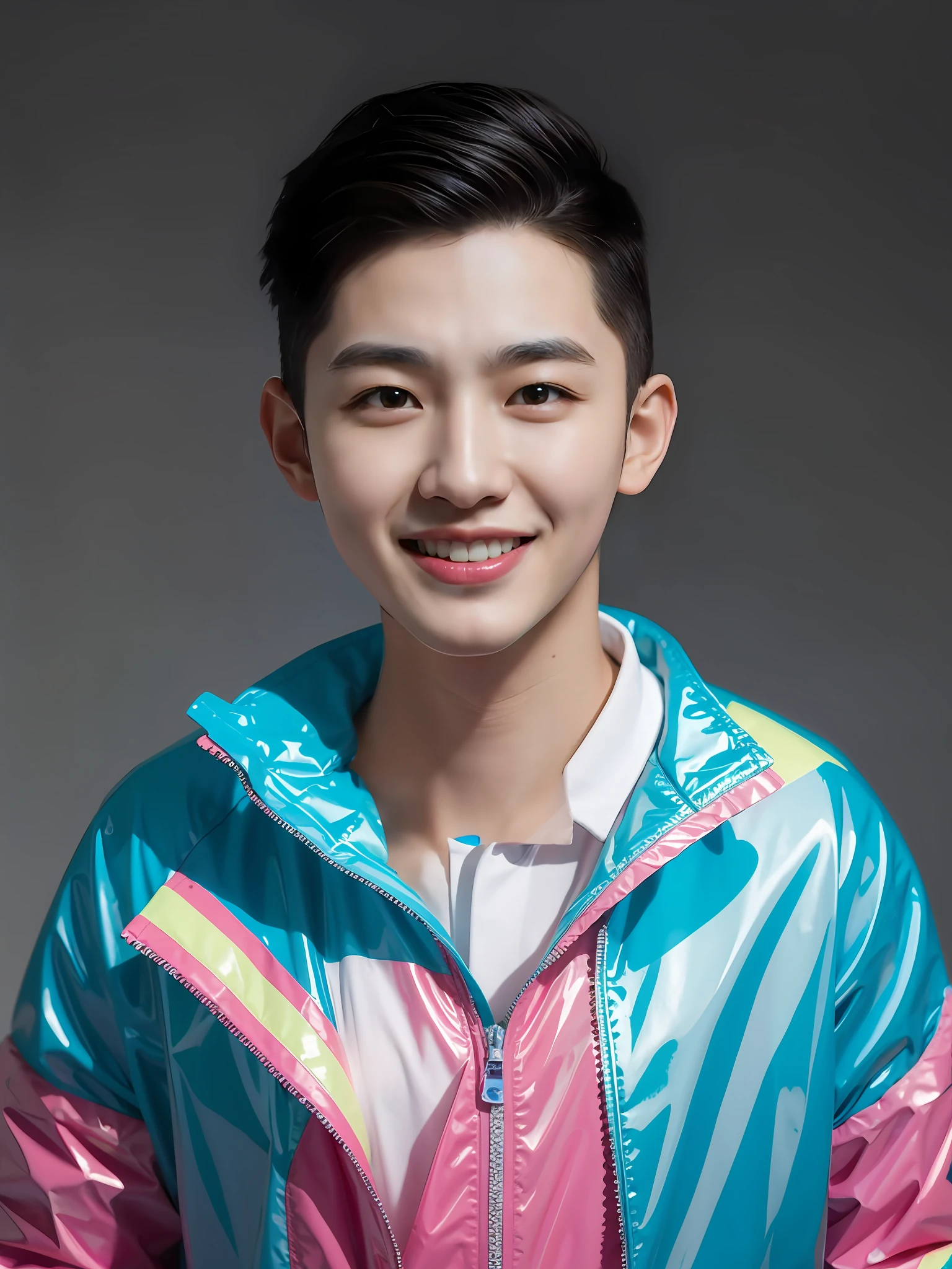 A Chinese male high school student，Wearing cyan PVC casual clothes