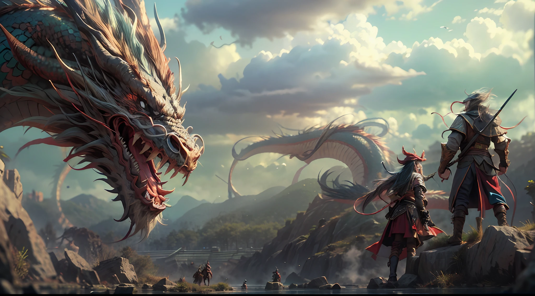 Dragons and People,Cool battles,hyper-high detail,Subtle and detailed picture,A high resolution,High picture quality,hrd,4K,Cinematic rendering,Myths and legends,
