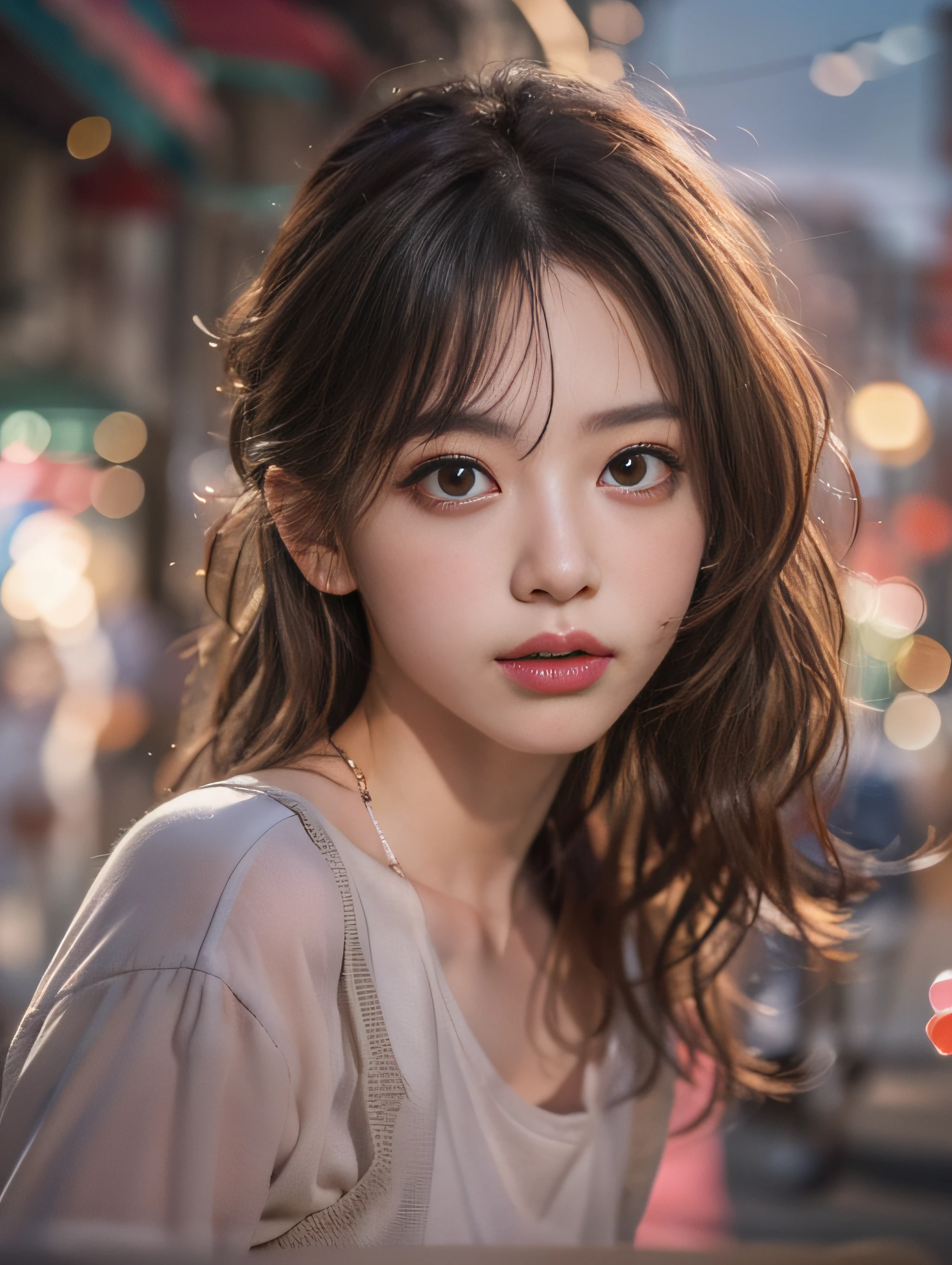 ​masterpiece、High-quality viewers、One beautiful model of JPNIODL、beautiful brown hair、A detailed eye、Camisole blouse、skirt by the、twilight townscape、8K High Resolution、Momentary Pose、细致背景、 Tindall Effect、light scattering、Light refraction、Contre-Jour、Drawing with enhanced hair details、A detailed face、more hair、Detailed nose、Detailed mouth、Detailed body、stares at the camera、model poses、Paint with added hair details