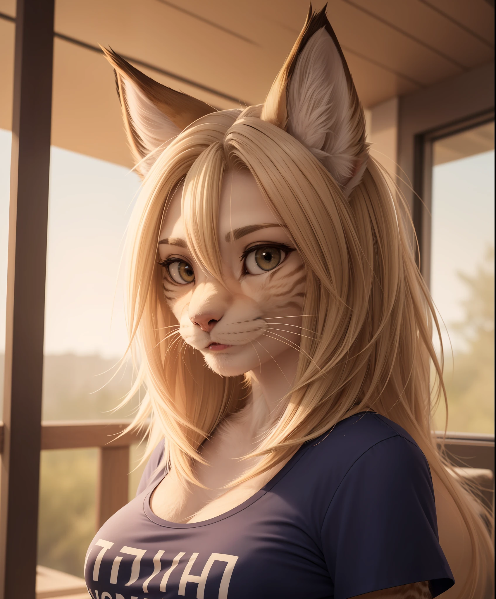 masterpiece, realistic, professional photo, female anthropomorphic lynx, t-shirt, detailed fur, (furry body:1.2), pretty face, detailed hair,