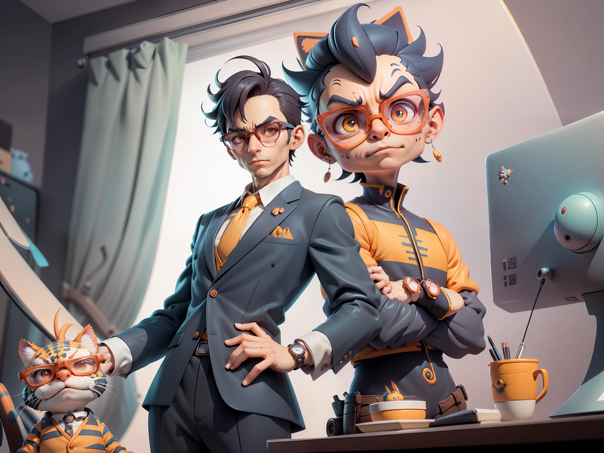 A young man in a suit, Short hair and glasses sat at his desk,holding laptop,digitial painting,tigre,3D character design by Mark Clairen and Pixar and Hayao Miyazaki and Akira Toriyama,4K HD illustration,Very detailed facial features and cartoon-style visuals。