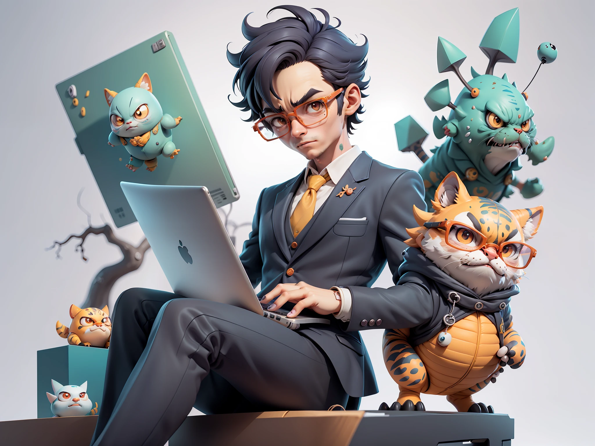 A young man in a suit, Short hair and glasses sat at his desk，holding laptop，digitial painting，tigre，3D character design by Mark Clairen and Pixar and Hayao Miyazaki and Akira Toriyama，4K HD illustration，Very detailed facial features and cartoon-style visuals。