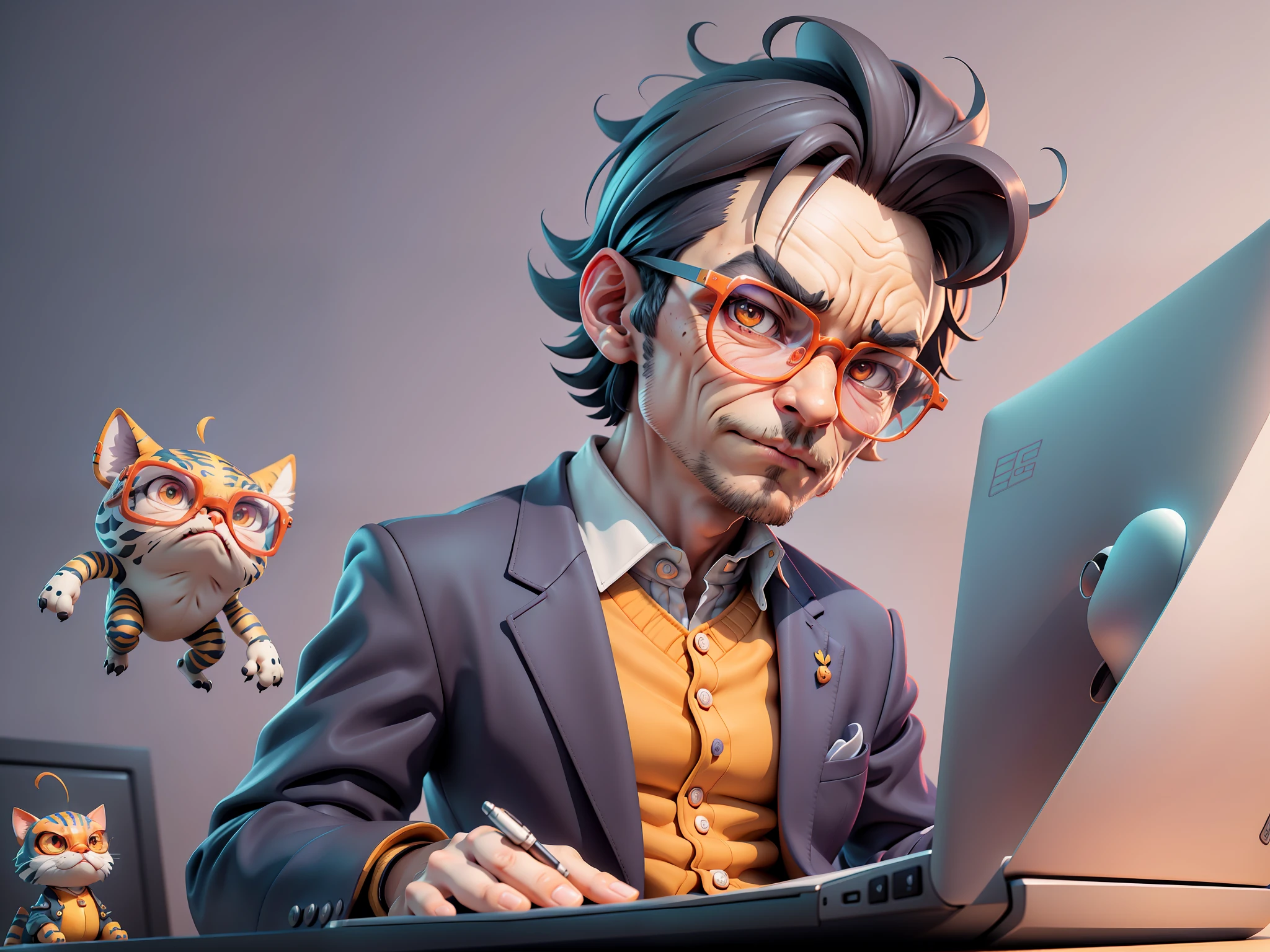 A young man in a suit, Short hair and glasses sat at his desk,holding laptop,digitial painting,tigre,3D character design by Mark Clairen and Pixar and Hayao Miyazaki and Akira Toriyama,4K HD illustration,Very detailed facial features and cartoon-style visuals。