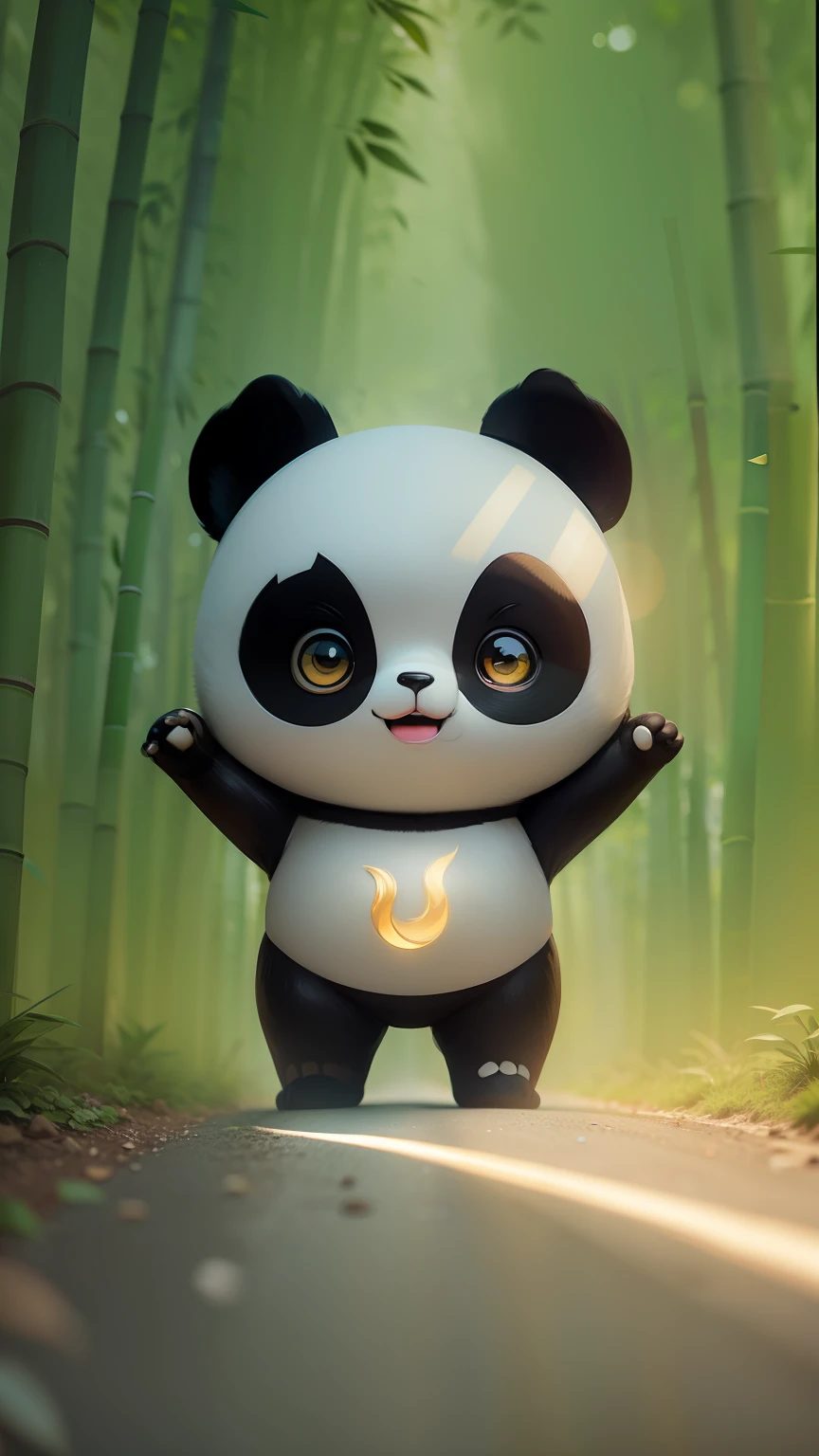 A panda stands on the road,The background is a bamboo forest,Next to it is bamboo,depth of fields,Shunguang,Horizontal light,The light source is right in front of you,The face is bright,The main body is bright,C4D,Octane renderer,Three-dimensional effects,Rich texture,Rich light and shadow,rich details