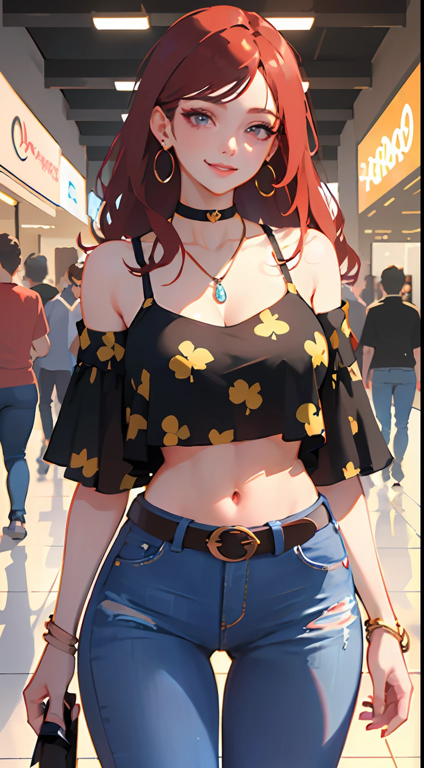 (masterpiece:1.2), (best quality:1.2), perfect eyes, perfect face, perfect lighting, 1girl, mature female, smiling, long red hair, straight hair, sophisticated haircut, stylish, single bare shoulder shirt long, music band print, jewelry, necklace, earrings, armlets, lacey choker, belt, low cut black jeans, thick eyelashes, makeup, eyeshadow, detailed mall background, crowd