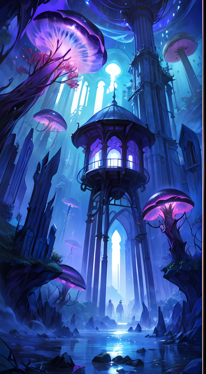 Masterpiece, High Quality, Ocean Forest, City, Fantastic Fantasy, Glowing Plants, Coral Viaduct, (Swarm of Glowing Jellyfish), (Shoal of Fish with Transparent Wings Flying in the Sky), Misty, Extreme Detail, Morning Light, Epic Composition, (Intricate Detail), (Intricate Design, Ultra Detail: 1.2), Art Station, (Masterpiece, Best Quality), Ultra HD, 32k ,castle,1girl