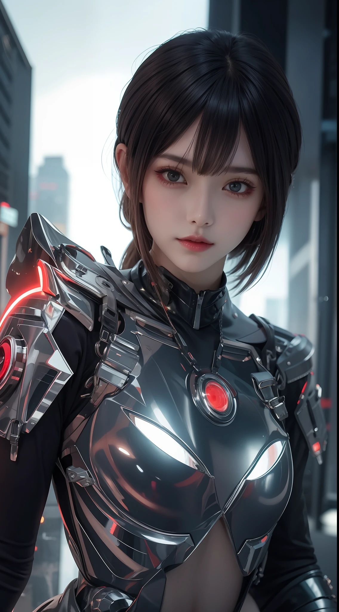 8K uhd, materpiece, a beautiful girl, detaild eye, good face, detaild eyebrow, cyberpunk outfit, white outfit, cyberpunk, Cyberspace, cyberpunk shining background, neon effect, Spreading lighting, red lighting, whole body capture,