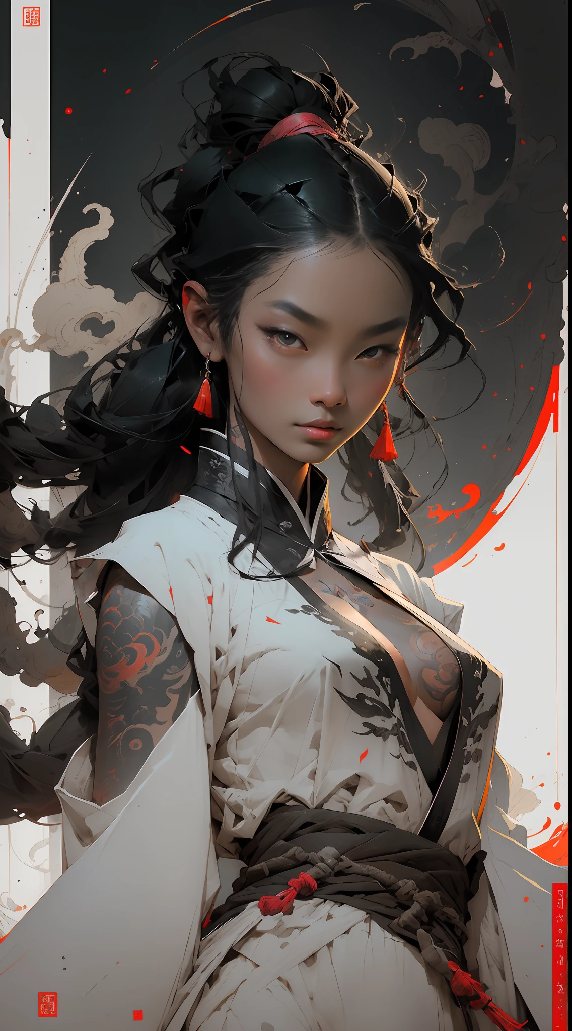 wuxia,vector art,1ebony woman with tattoos,black hair,white clothes,super colorful,luminous colorization,sharp, cinematic,dof,35mm,pintura luminosa