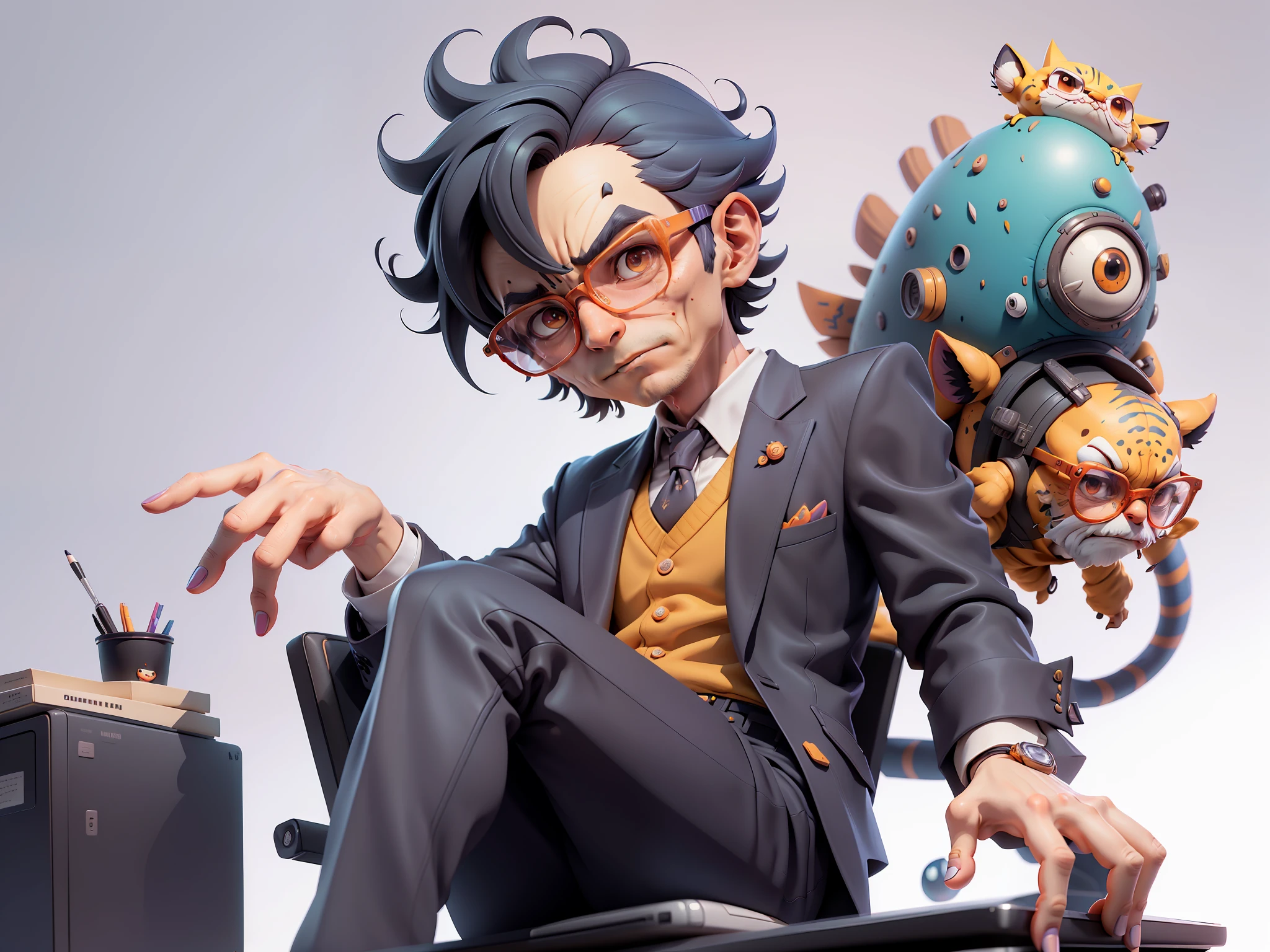 A young man in a suit, Short hair and glasses sat at his desk,holding laptop,digitial painting,tigre,3D character design by Mark Clairen and Pixar and Hayao Miyazaki and Akira Toriyama,4K HD illustration,Very detailed facial features and cartoon-style visuals。