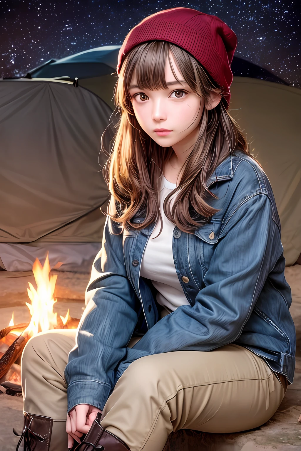 Two young girls sitting in front of a campfire, surrounded by the
dark, starlit night. They are dressed in warm, comfortable clothing,
perfect for a camping trip. The first girl is wearing a thick, brown
sweater and dark wash jeans, her hair styled in loose, natural curls.
The second girl is wearing a red flannel shirt, paired with black
leggings, and a beanie on her head. Both girls are sitting close to
each other, their heads leaned in for a warm embrace, exchanging
affection and reassurance as the fire crackles and pops beside them.
In the background, a tent can be seen set up, with a small lantern
hanging nearby, illuminating the area. The atmosphere is cozy and
peaceful, the perfect setting for a night of camping with loved ones.
The two girls are dressed in casual, outdoor clothing suitable for
camping. The first girl, with twin tail hair, is wearing a fitted,
navy blue sweater and a pair of light-wash denim jeans. She has on a
pair of brown hiking boots and a matching leather belt. The second
girl, with bob cut and bangs, is wearing a plaid button-down shirt,
rolled up at the sleeves, paired with khaki cargo pants and a pair of
beige, sturdy boots. She has a navy blue baseball cap on her head.
Both girls are also wearing warm jackets to protect against the
evening chill