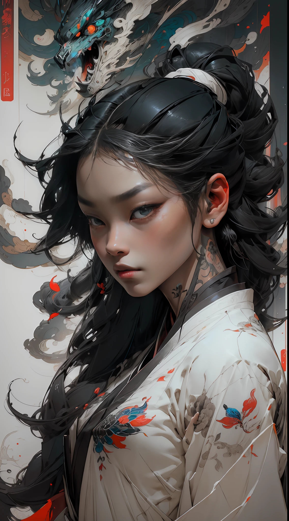 wuxia,vector art,1ebony woman with tattoos,black hair,white clothes,super colorful,luminous colorization,sharp, cinematic,dof,35mm,pintura luminosa