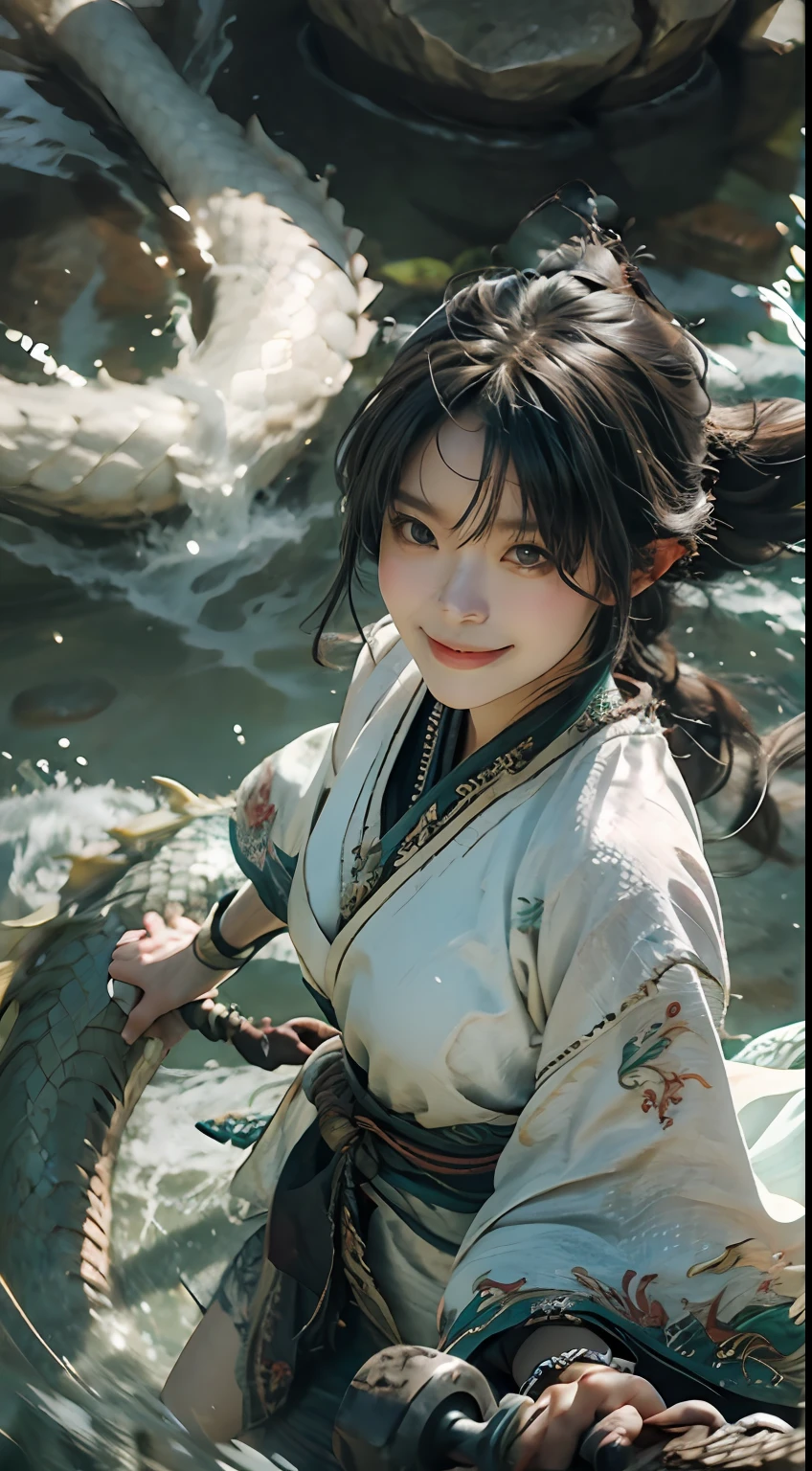 braidedponytail, Dragon horns, aqua eyes, Light smile, Tonalism, Motion blur, From above, 35mm, Sony FE GM, 16k