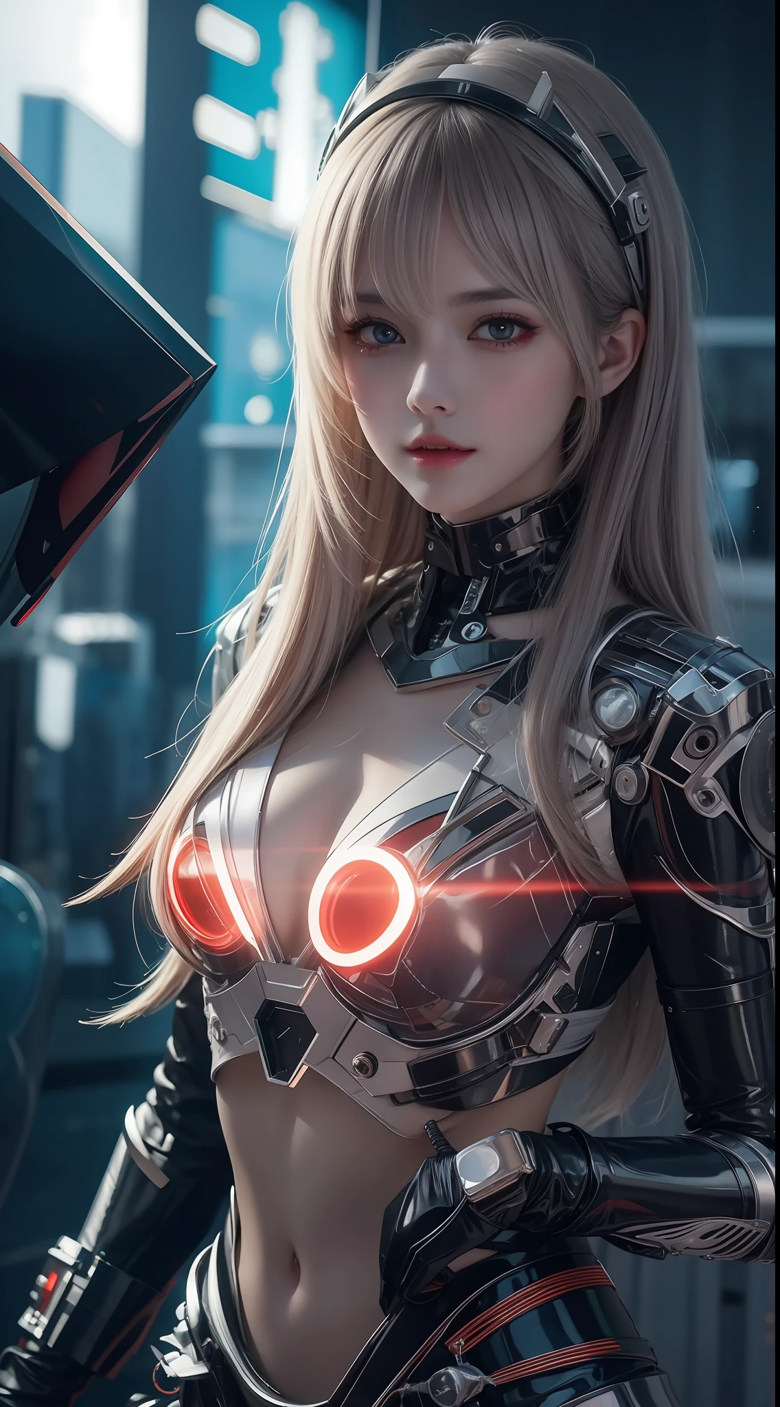 8K uhd, materpiece, a beautiful girl, detaild eye, good face, detaild eyebrow, cyberpunk outfit, white outfit, cyberpunk, Cyberspace, cyberpunk shining background, neon effect, Spreading lighting, red lighting, whole body capture, full image,