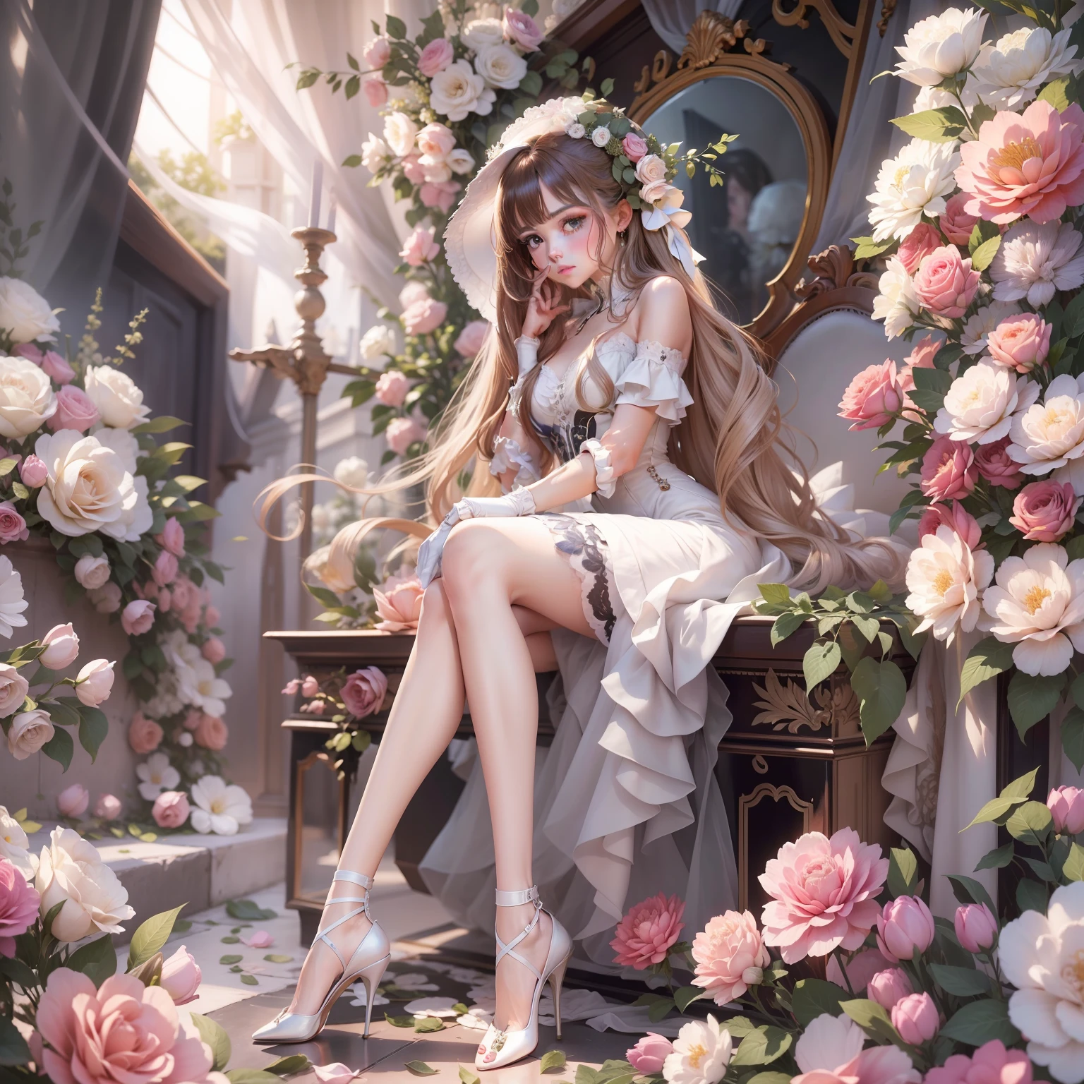 Tomorrow's flowers,There must be only one person in the whole picture,All high heels must be displayed in their entirety,The entire leg must be displayed in its entirety, And must wear extra-long gloves,Stockings are mandatory,High heels must be worn,It is forbidden to appear men,Must be a full-body image,anatomy correct,(realisticlying,tmasterpiece,The best quality,hyper HD,The is very detailed,cinmatic lighting),(delicated face,best qualtiy,very detailed eyes and faces,Amazing beauty),