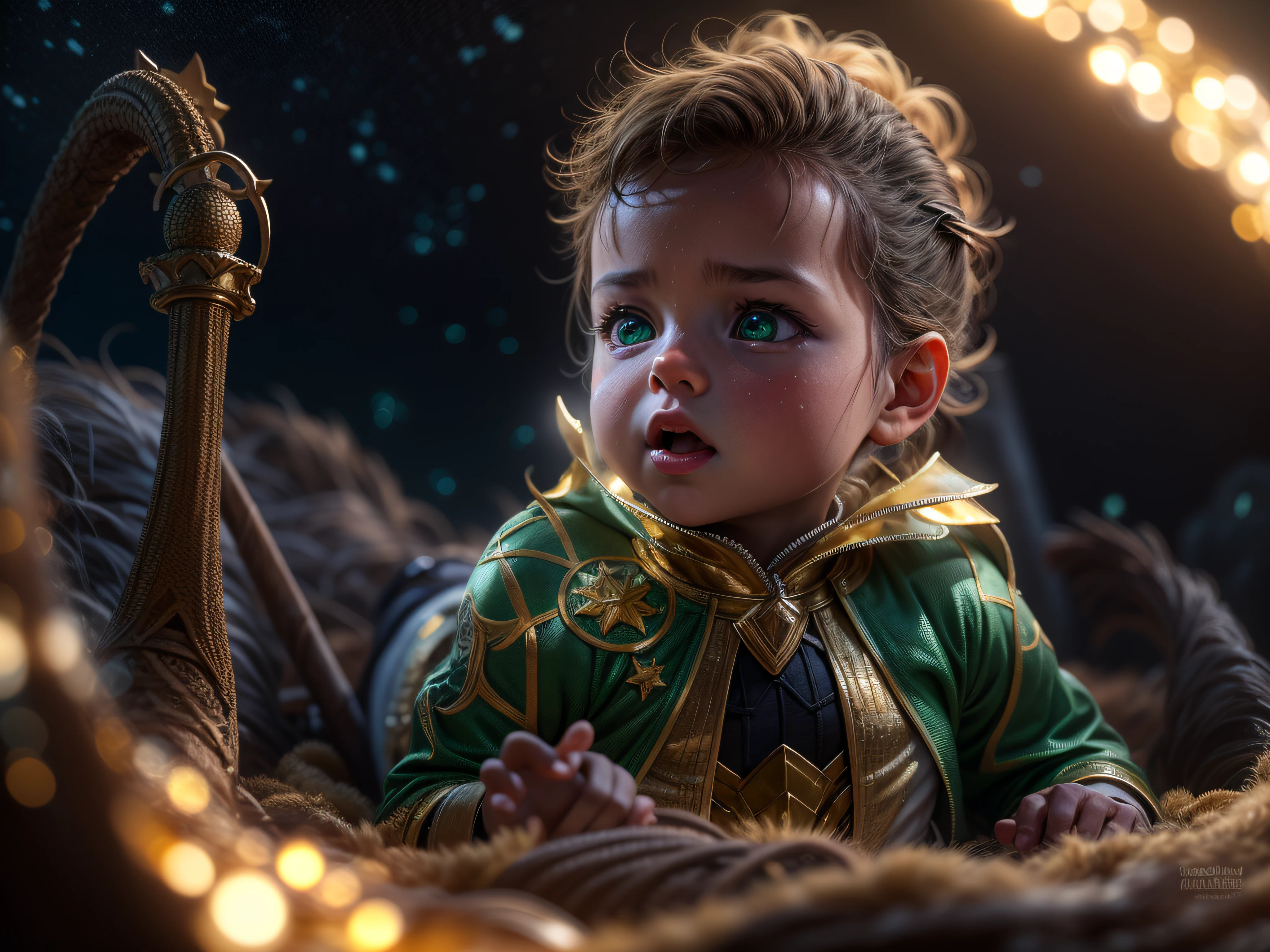 Close a powerful threat, The graceful appearance of a baby Aquaman dressed in green and gold uniform in a manger;, menacing stare, ricamente detalhado, Hiper realista, 3D-rendering, obra-prima, NVIDIA, RTX, ray-traced, Bokeh, Night sky with a huge and beautiful full moon, estrelas brilhando, 8k,