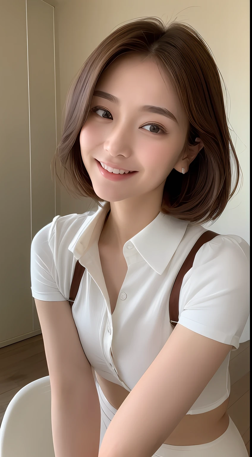 ((top-quality、8K、​masterpiece:1.3))、1girl in、Slim Abs Beauty:1.3、(Hairstyles Brown Hair Shortcuts、Colossal tits:1.2)、maid's uniform、Super fine face、Delicat eyes、二重まぶた、A smile、Home、Raw photo、Cute、cute  face、a 20 yo woman、Sexy Shots、Golden Ratio Beauty Face、Opening legs