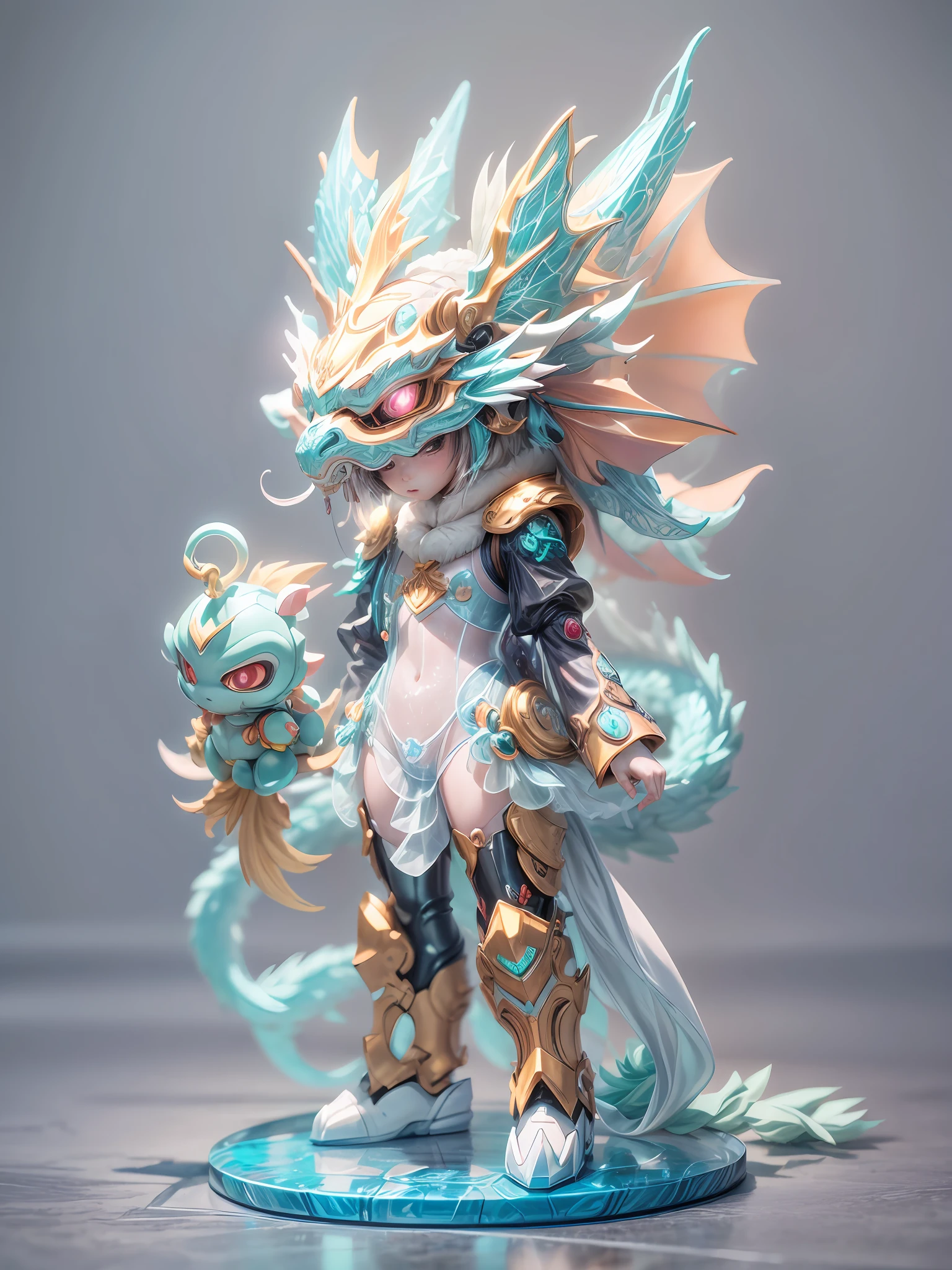 chinesedragon, (blind box toy style:1.2), (Full Body Shot) , 1 Transparent cute girl,Behind him is a transparent and cute Chinese dragon, Transparent mecha, Exquisite Helmet:1.2, glowing goggles:1.2, Cyberpunk, Dreamy Glow, Luminous neon lamp, clean, white background, ( Global illumination, raytracing, HDR, unreal render,reasonable design, high detailed, masterpiece, best quality, UHD, Cinematic Lighting)