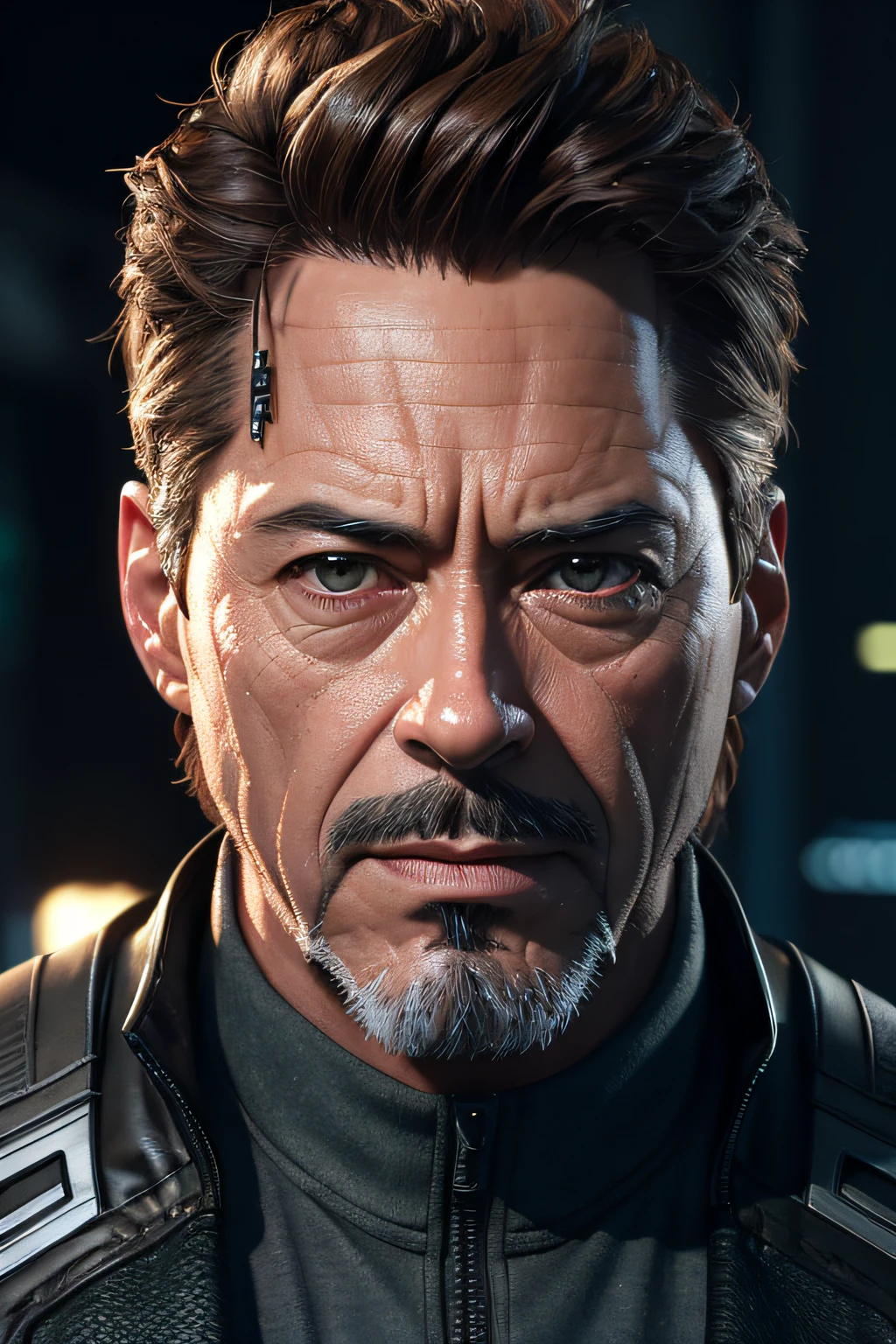 Marvel, Old man Tony Stark, realistically, dynamic lights, old, gray stubble, full shoot, (extremely detailed CG unity 8k wallpaper), trending on ArtStation, trending on CGSociety, High Detail, Sharp focus, dramatic, photorealistic